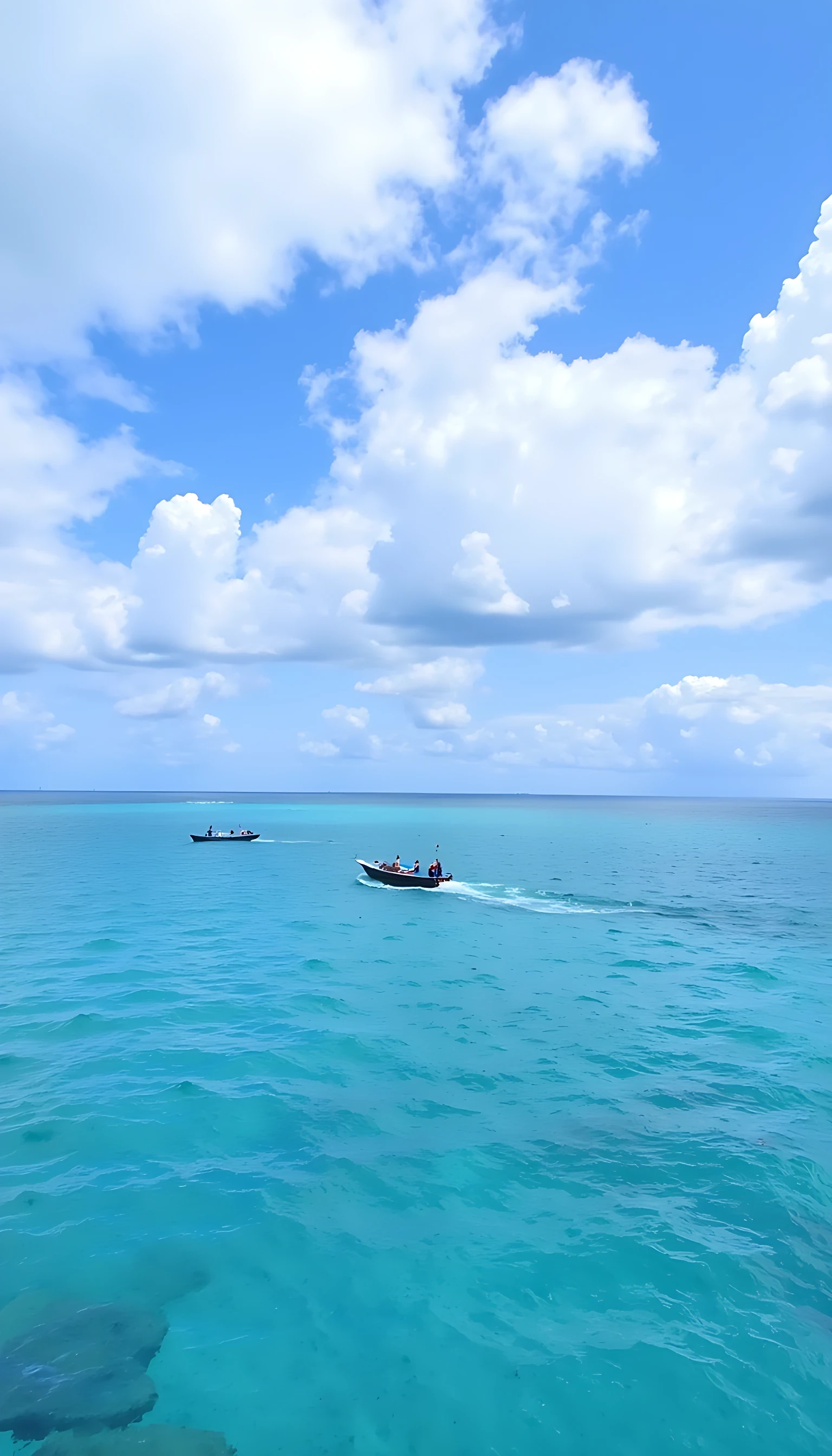 The image shows a beautiful blue ocean with two small boats in the distance. The sky is filled with white, fluffy clouds that are scattered across the horizon. The water is a deep turquoise color and the boats are small and black. The boats appear to be sailing on the water, with one boat in the foreground and the other in the background. The overall mood of the image is peaceful and serene.