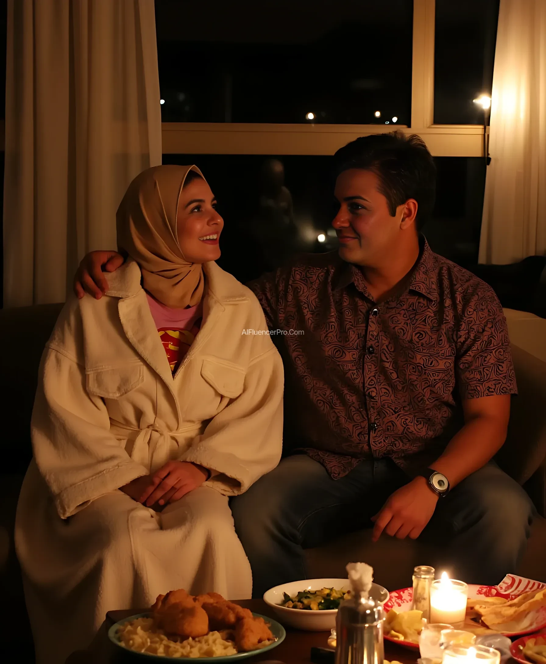 masterpiece, best quality, hyper-realistic "Photorealistic depiction of a minimalist living room with candlelight at night. Supergirl, looking like Melissa Benoist, is sitting next to her friend. She is wearing a simple Cream colored robe and a white jean jacket and matching hijab, with a subtle blend of his iconic 'S' logo on his chest. His face lights up with a warm and friendly smile as he looks at his friend, who is wearing a patterned "Batik Shirt", and jeans, holding his partner's shoulders, and in front. served "typical Indonesian food" adds to the lively atmosphere. The scene creates a romantic and cinematic atmosphere, enhanced by the reflection of light and the warmth of their interactions."