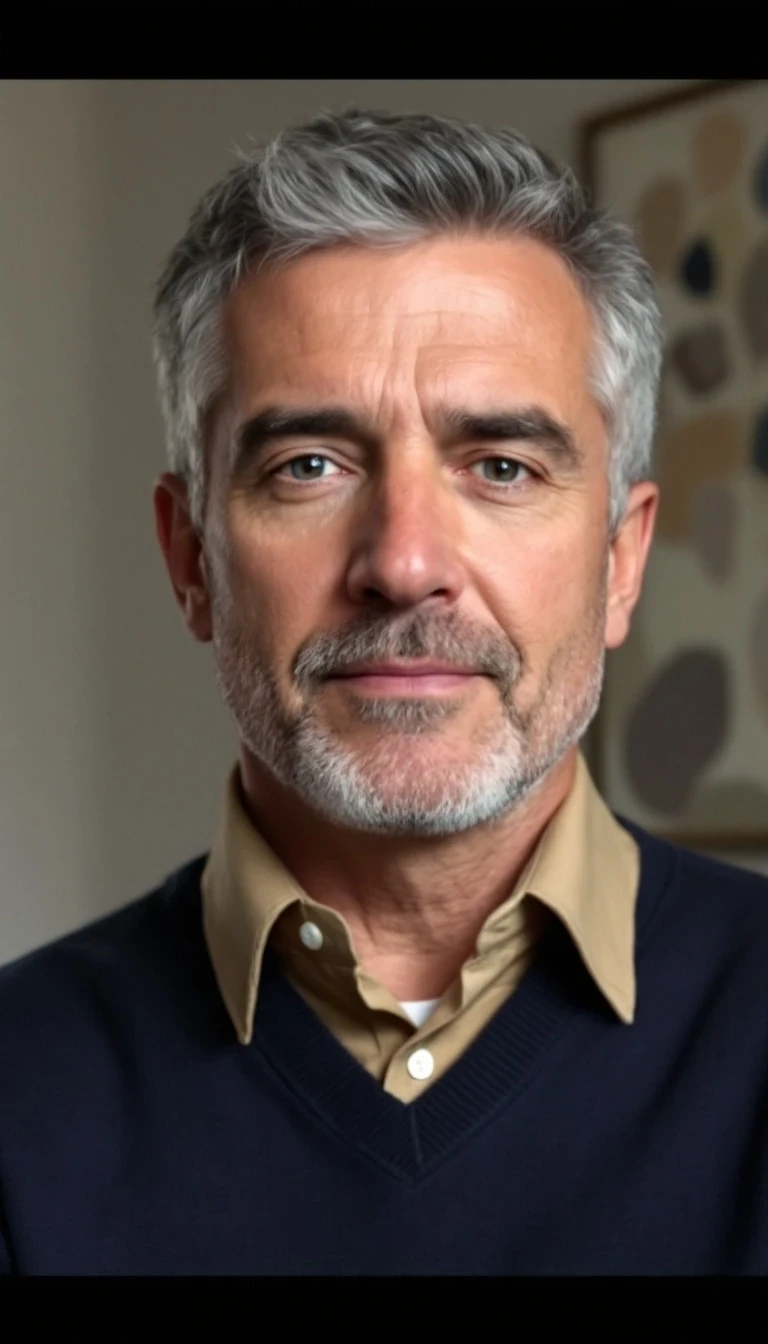This is a photograph of a middle-aged man with short, neatly styled grey hair and a neatly trimmed beard. He has a light complexion and is wearing a dark blue sweater over a tan collared shirt. The background is a neutral, softly lit room with a blurred painting on the wall to the right, featuring abstract shapes in muted colors. The man is looking directly at the camera with a neutral expression.