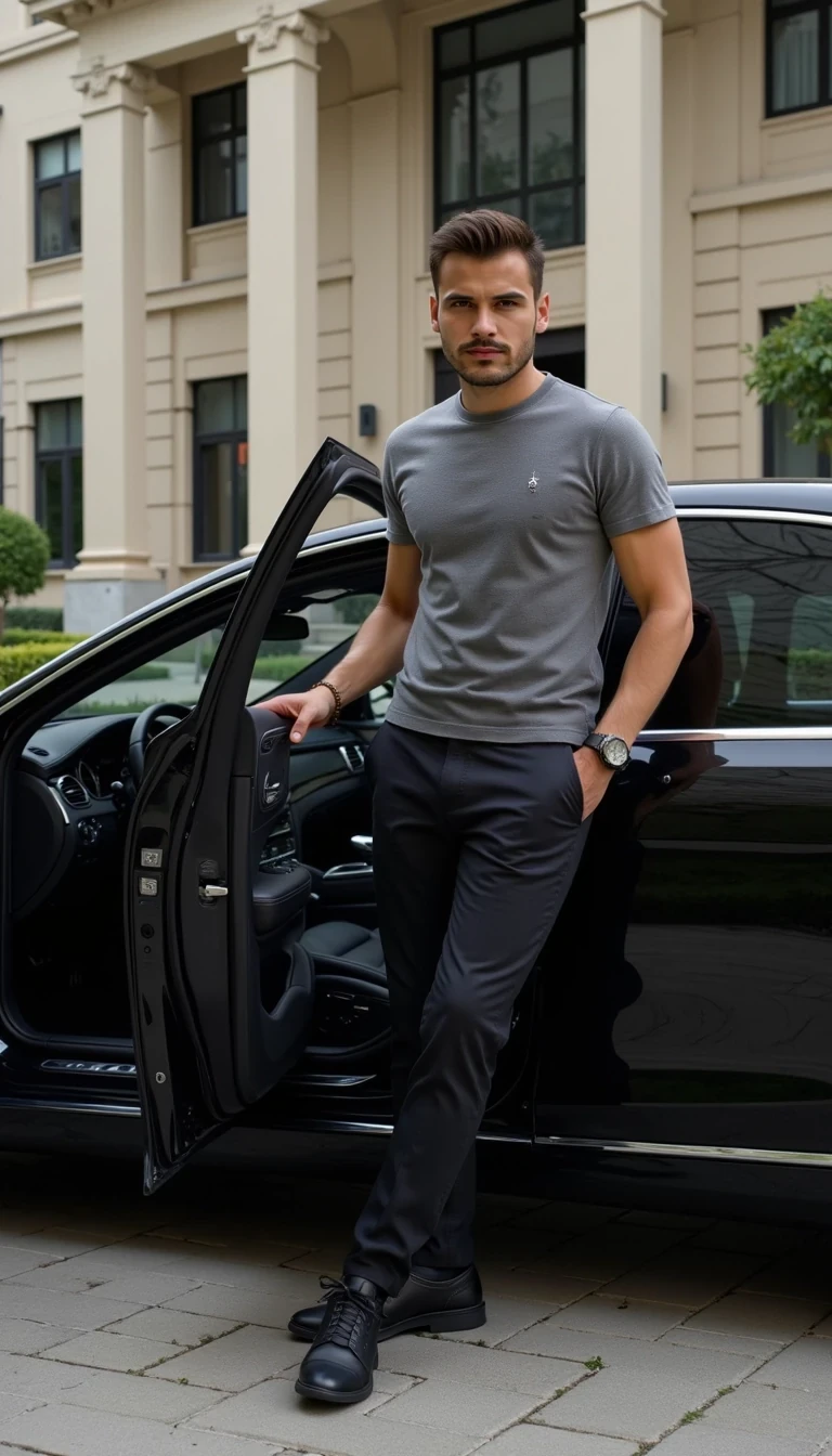 Photorealistic full-body photo of a young handsome man, he wears grey t-shirt, long elegant trousers, black sneakers, He is standing near the Mercedes S-Class Maybach and opening the driver's door. He is facing to camera


Lifestyle influencer aesthetic, cinematic realism, ultra-detailed, 8K
The photo feels cinematic, influencer-style, high quality, professional composition.
Well lit picture, Style: Photorealistic Lighting: studio lighting 
Details: Bright Lighting, High Detail, 4K
he stand infront of camera , photoghraped by a photograph
