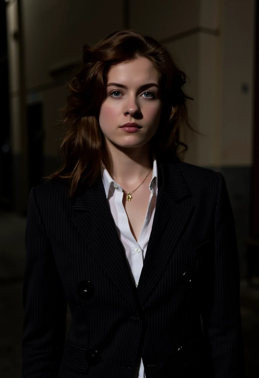 Woman CSTMDL, brunette, blue eyes, her hair are loose, she’s beautiful with a cold smile, wearing a tailored black pinstripe blazer featuring large buttons. 
She wears a white shirt, under her blazer. The outfit is modern, professional but very sexy. Her expression is haughty and contemptuous. She looks like someone cold and unfriendly. Her skin tone is very white, (pallid), almost cadaveric. She’s wearing a small pendant.
The background is a small deserted Parisian alley by night. The light is dim, making the scene a bit worrying and frightening.