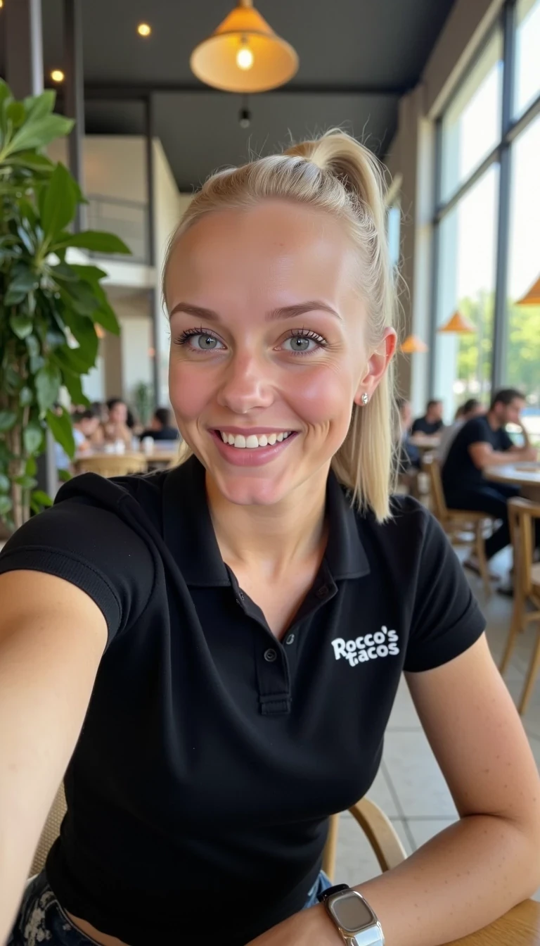 CSTMDL, Hailey, photorealistic portrait of a young woman in her early 20s with fair porcelain skin, smooth complexion, subtle natural makeup with soft pink lips and light eyeliner, straight blonde hair tied back in a neat ponytail, bright blue eyes sparkling with warmth, friendly genuine smile revealing straight white teeth, confident and approachable demeanor, posing for a selfie gazing directly at the viewer with engaging eye contact, drinking a cup of coffee; she is wearing a fitted black short-sleeved polo shirt with a small embroidered logo on the chest reading "Rocco's Tacos" in white lettering, tucked into slim black pants, no visible accessories; set in a modern upscale cafe interior with high ceilings, large floor-to-ceiling windows allowing soft diffused natural daylight to flood in from the right side, creating gentle highlights and soft shadows on her face and clothing, warm ambient hanging pendant lights with golden glow in the background; background details include a tall green potted plant with broad leaves to the left, patrons seated at wooden tables; dominant colors are neutral blacks and grays with pops of green foliage, warm wood tones, and red accents from the food; overall welcoming and lively casual dining atmosphere, evoking freshness; composition is a medium close-up shot from a slight low angle to emphasize approachability, framed centrally with balanced symmetry, captured with a Canon EOS 5D Mark IV camera using a 50mm prime lens at f/2.8 aperture for shallow depth of field, ISO 100 for crisp details, natural window afternoon lighting supplemented by soft indoor LEDs at 4000K color temperature, hyper-realistic textures like the soft cotton weave of the polo shirt, and smooth skin pores; ultra-detailed, hyperrealism, photorealistic rendering indistinguishable from a high-resolution photograph, 8k resolution, sharp focus on the woman and plate with bokeh background.