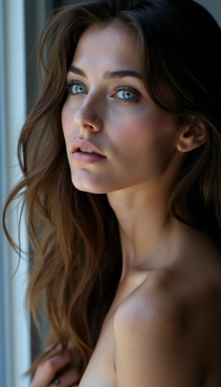 close-up of a feminine woman with big soft blue eyes, long dark lashes, defined cheekbones, wavy brown hair cascading over one shoulder, sensual yet innocent expression, slightly open lips, natural glossy skin texture, shot in soft afternoon window-light with shallow depth of field, polish girl, profile view facing right, cool shaded window light, subtle blue cast, minimalist grey backdrop




