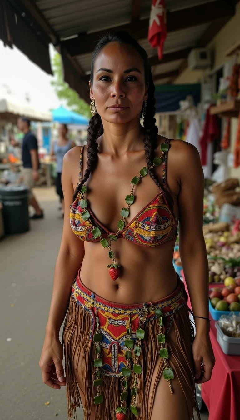 photo of woman CSTMDL, a medium photo of, a slim woman, her full body is in the scene, she has a slender petite build with petite small tiny boobs a flat chest, she has hard small dark skin nipples that have long pointy nipple ducts and small dark skinned areolas, her hair is styled with two long braids, she is wearing strawberry earrings, the woman is wearing vines in a dark green palette, the vines drape across and surround her entire chest body both of her breasts arms and neck, there are strawberries hanging from the vines that surround her body in various places, real vines with real strawberries, she is wearing a traditional native American skirt, she is wearing ankle height smoked hide moccasins, natural lighting, natural light, amateur photography, shot on an iPhone, she is posing seductively, in market vendor's booth, she is maintaining intense eye contact with the camera,