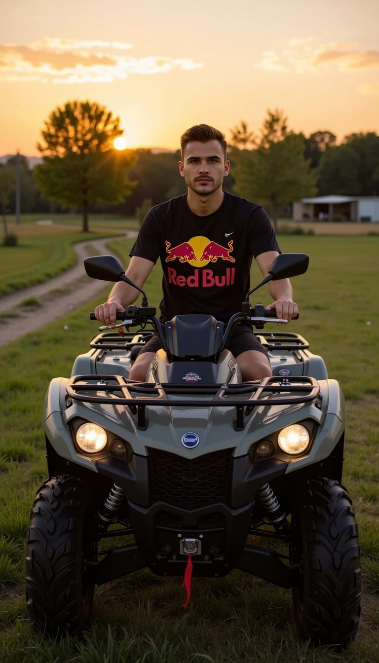 Photorealistic full-body photo of a young handsome man, he wears redbull t-shirt, black shorts, black sneakers, He is sitting on a Can Am Outlander quad bike, the setting is a meadow, with trees and a sunset in the background.


Lifestyle influencer aesthetic, cinematic realism, ultra-detailed, 8K
The photo feels cinematic, influencer-style, high quality, professional composition.
Well lit picture, Style: Photorealistic Lighting: studio lighting 
Details: Bright Lighting, High Detail, 4K
he stand infront of camera , photoghraped by a photograph
