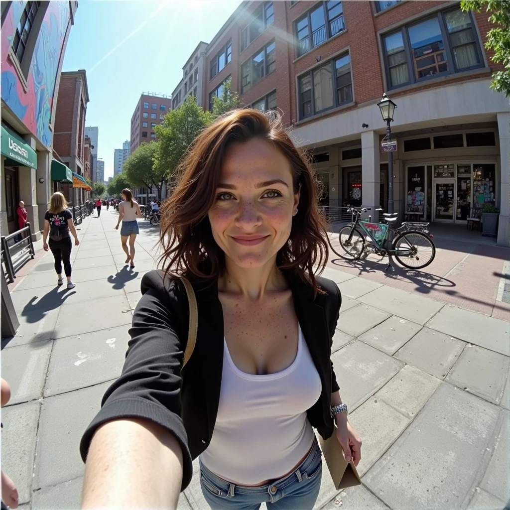 Medium shot GoPro-style selfie photo circa 2015, of a woman CSTMDL casually exploring an urban street on a sunny afternoon. She's captured from a slightly elevated wide-angle perspective typical of GoPro selfies, emphasizing the dynamic surroundings. Her wavy, shoulder-length dark brown hair gently moves in the breeze, catching sunlight and revealing subtle highlights. She’s dressed in a casual black cropped jacket, simple white top, faded blue jeans, and comfortable sneakers. She holds a small paper shopping bag in one hand, while the other holds the GoPro, slightly extended, capturing a playful expression with a soft smile. Her facial details like subtle freckles, natural pores, and authentic skin texture are distinctly visible. Bright, natural daylight illuminates her face, casting defined but gentle shadows. The background includes bustling pedestrians, parked bicycles, colorful storefronts, and vivid street art murals, all clearly captured by the wide-angle lens, adding to the lively and authentic city vibe.








