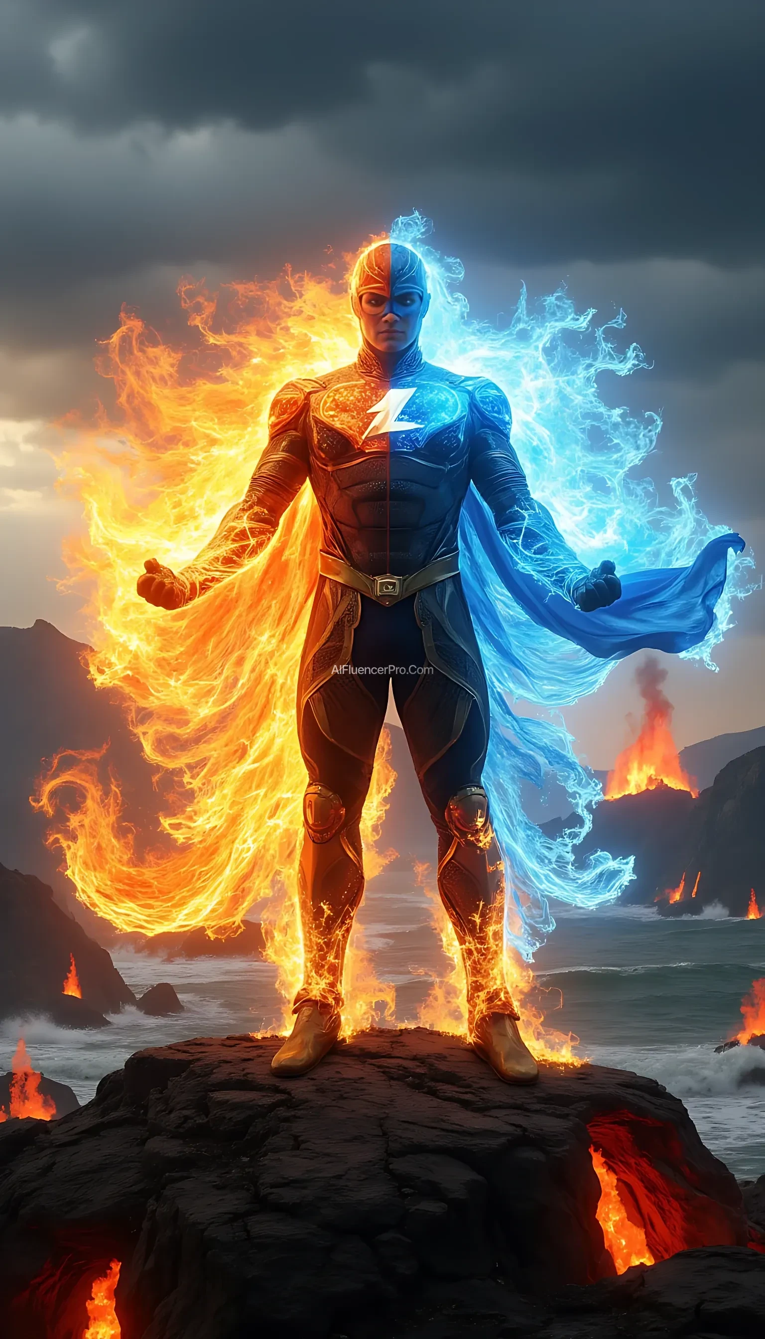 A superhero representing the four natural elements: fire, water, earth, and air. The costume is dynamic, featuring transparent wind wings, shimmering lava armor, and a flowing water cape. The background depicts a battlefield between active volcanoes and turbulent seas, with a stormy sky above. Epic style, vibrant colors, and dramatic composition.