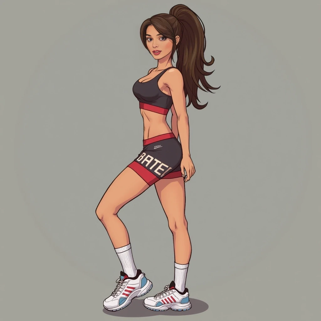 cute woman, hot pants, sneakers, sports bra, brunette hair