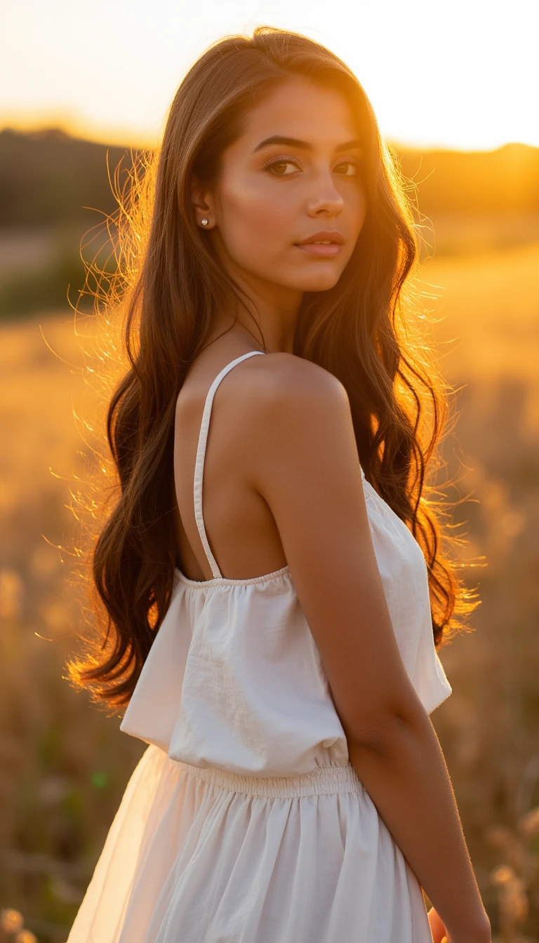 A beautiful woman, age 26, flawless skin, soft glowing light, long wavy hair, subtle makeup, symmetrical face, captivating eyes, elegant pose, wearing a flowing white dress, outdoors in a golden hour sunset, cinematic style, shallow depth of field, soft background bokeh, ultra realistic, high detail, masterpiece, shot on a DSLR, fashion photography