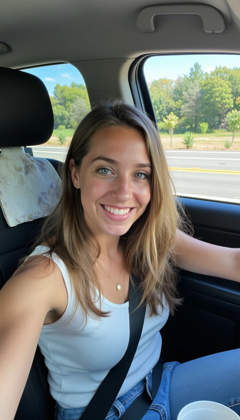 boring low quality snapchat photo circa 2015, A young woman with a warm smile, sitting in the driver's seat of a cozy car. She has soft, wavy brown hair cascading past her shoulders. The sunlight streams through the window, casting a gentle glow on her face. The interior of the car is neat and comfortable, with a coffee cup in the cup holder and a small plant on the dashboard. The background outside the window shows a scenic road lined with trees and blue skies