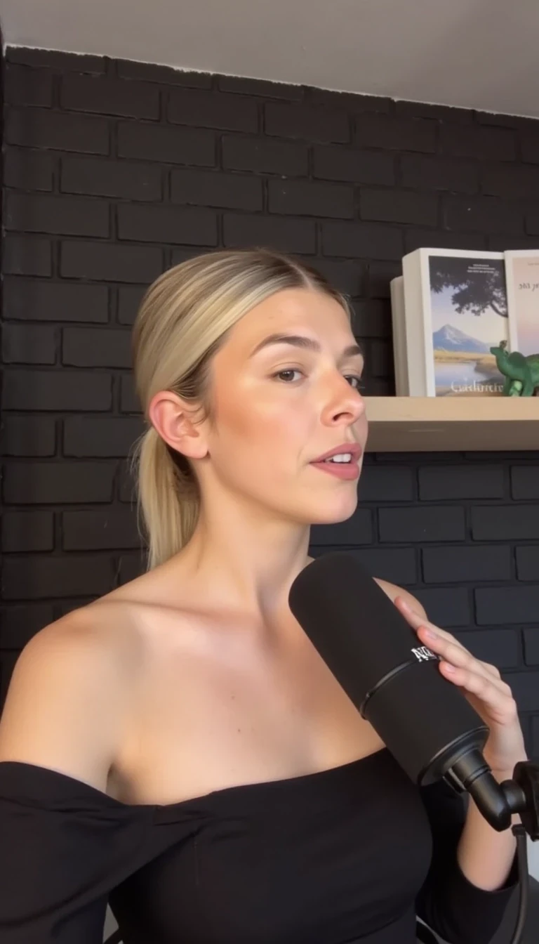 A woman with blonde hair pulled back, wearing a black shirt, is speaking into a microphone. The background features a dark brick wall and a shelf with books and decorative items, including a small dinosaur figure and a picture of a serene landscape on a book cover. The setting appears to be a cozy, modern podcast studio with soft lighting. She is wearing a black strapless tube top 
