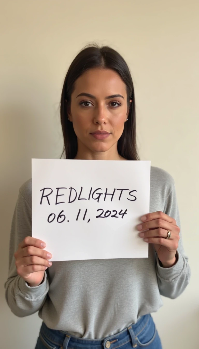 photo of woman CSTMDL, casual photo taken on an iPhone, woman holds a sign with handwritten text. She is wearing long sleeves, The sign reads "REDLIGHTS" followed by "06/11/2024" in a simple script. The background is a plain, light-colored wall.