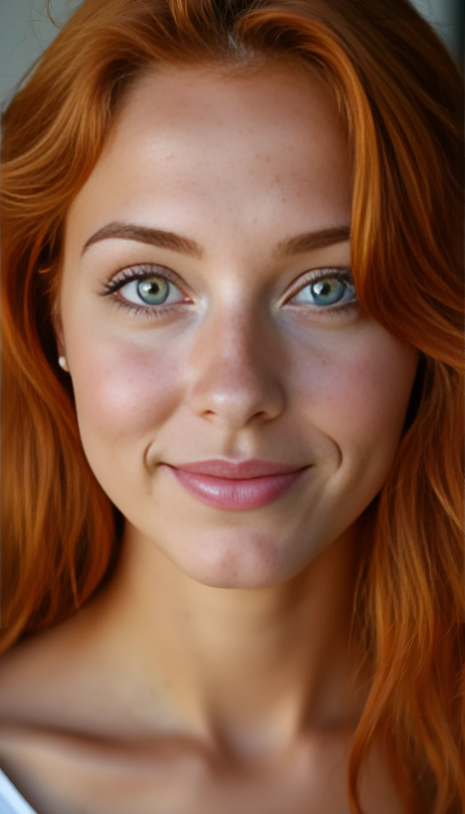 A portrait photo of a beautiful 20 years old model, mixed ethnicity of half white American half Brazilian, with soft red hair, emerald green eyes, light freckles across her nose, perfect glassy skin, ultra detailed eyes with sharp iris reflections, slight smile, studio-quality, extremely realistic HD