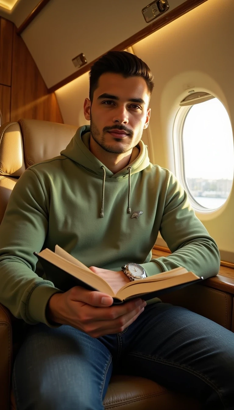 a full body Full body photo of a young, handsome man sitting in a luxurious private jet by the window. He has a symmetrical oval face, clean and well-defined jawline, neatly groomed short brown hair styled upwards, and light stubble beard. His eyebrows are dark and sharp, his eyes medium-sized, brown and expressive, with a confident yet approachable look. His lips are full and well-shaped, with a natural calm smile.

The man has an athletic, fit body with broad shoulders and toned arms. He is wearing a casual modern outfit: a fitted light-green hoodie (ZARA style) and slim jeans. On his wrist is a silver luxury watch, and he holds an open book naturally in both hands.

The atmosphere is elegant and exclusive — golden sunlight shines through the jet window, illuminating his face and creating a soft luxury lifestyle vibe. The photo feels cinematic, influencer-style, high quality, professional composition.
Well lit picture, Style: Photorealistic Lighting: studio lighting 
Details: Bright Lighting, High Detail, 4K
he stand infront of camera , photoghraped by a photograph

