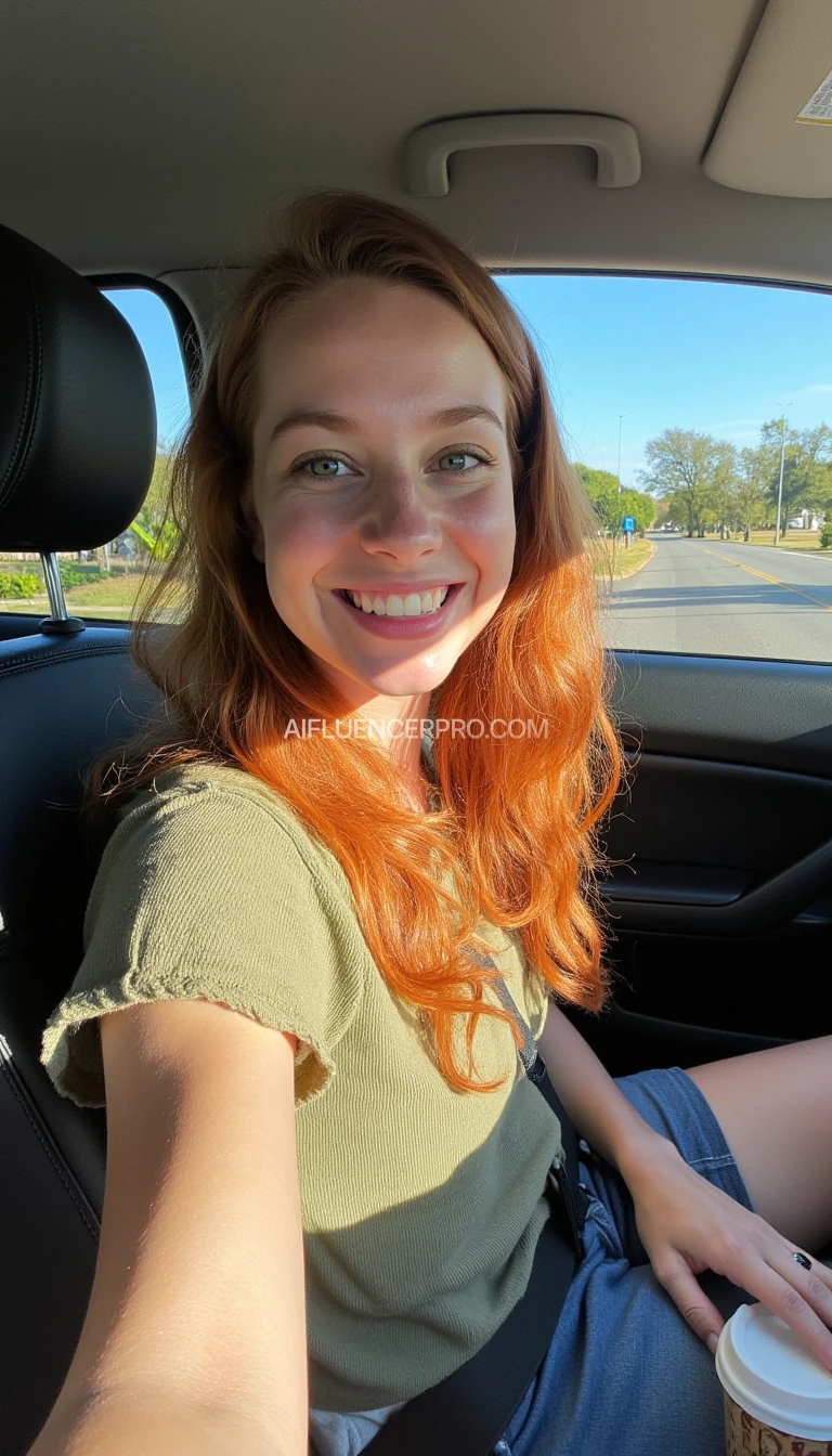 boring low quality snapchat photo circa 2015, A young woman with a warm smile, sitting in the driver's seat of a cozy car. She has soft, wavy red hair cascading past her shoulders. The sunlight streams through the window, casting a gentle glow on her face. The interior of the car is neat and comfortable, with a coffee cup in the cup holder and a small plant on the dashboard. The background outside the window shows a scenic road lined with trees and blue skies