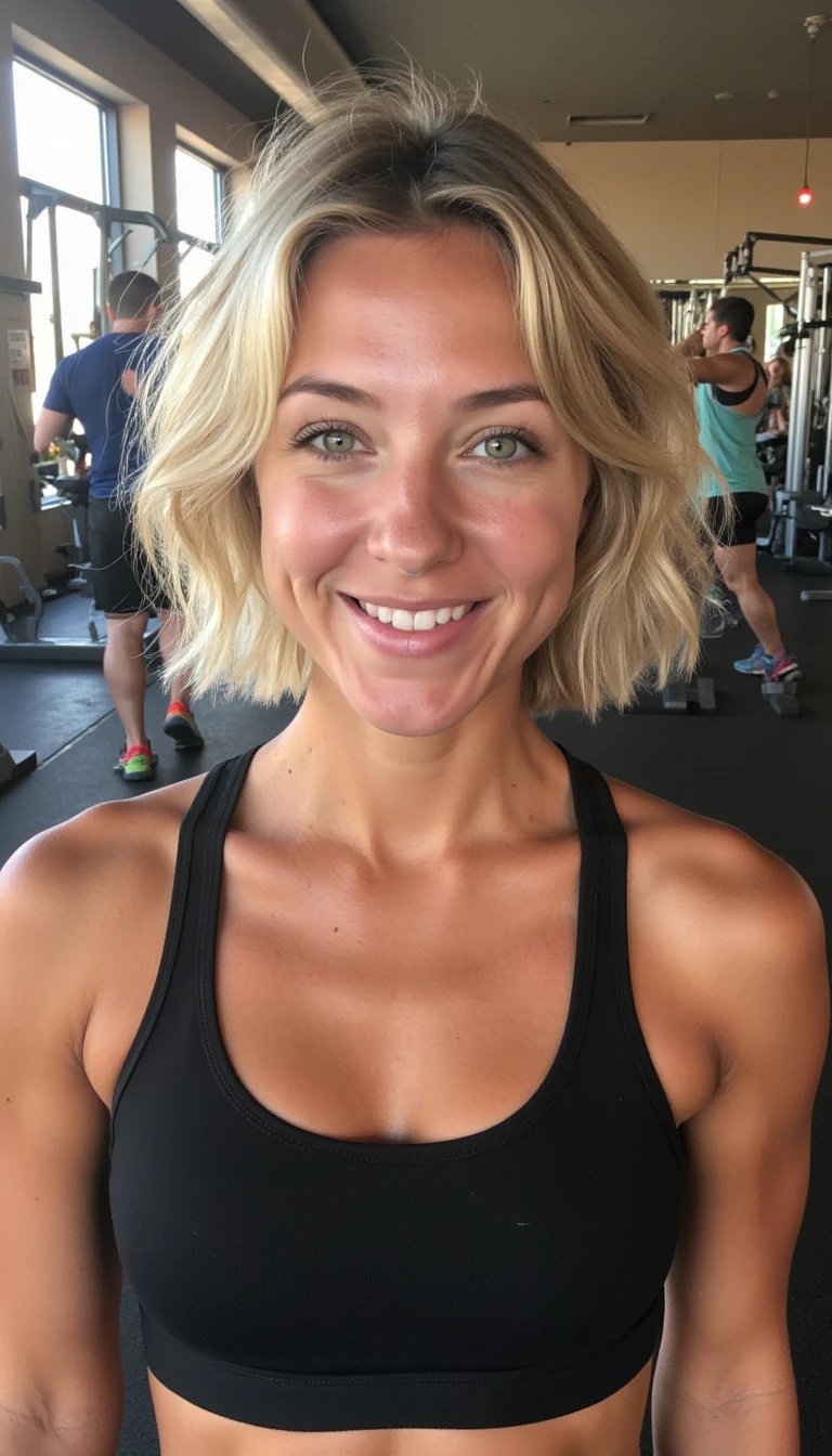 boring low quality snapchat photo circa 2015, Portraits of a young woman in her late twenties with short blonde wavy hair and green eyes. Athletic, toned and tanned. In the gym, working out with other gym goers in the background.