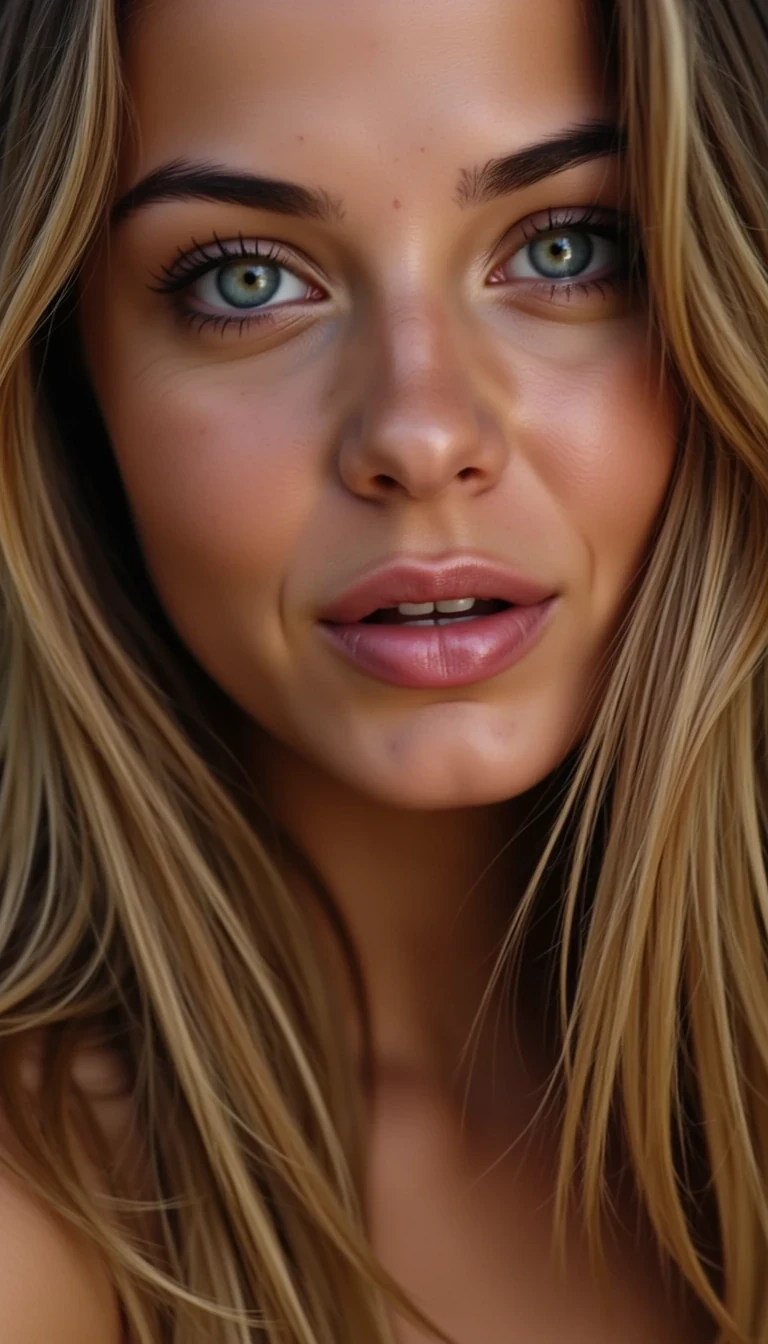 Close-up of CSTMDL woman's face, lips slightly parted, heavy-lidded eyes, suggestive expression, soft hair falling across one shoulder."