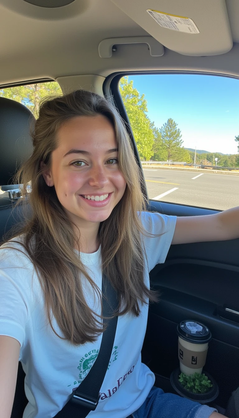 boring low quality snapchat photo circa 2015, A young woman with a warm smile, sitting in the driver's seat of a cozy car. She has soft, wavy brown hair cascading past her shoulders. The sunlight streams through the window, casting a gentle glow on her face. The interior of the car is neat and comfortable, with a coffee cup in the cup holder and a small plant on the dashboard. The background outside the window shows a scenic road lined with trees and blue skies