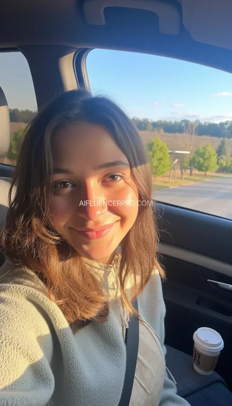 boring low quality snapchat photo circa 2015, A young woman with a warm smile, sitting in the driver's seat of a cozy car. She has soft, wavy brown hair cascading past her shoulders. The sunlight streams through the window, casting a gentle glow on her face. The interior of the car is neat and comfortable, with a coffee cup in the cup holder and a small plant on the dashboard. The background outside the window shows a scenic road lined with trees and blue skies