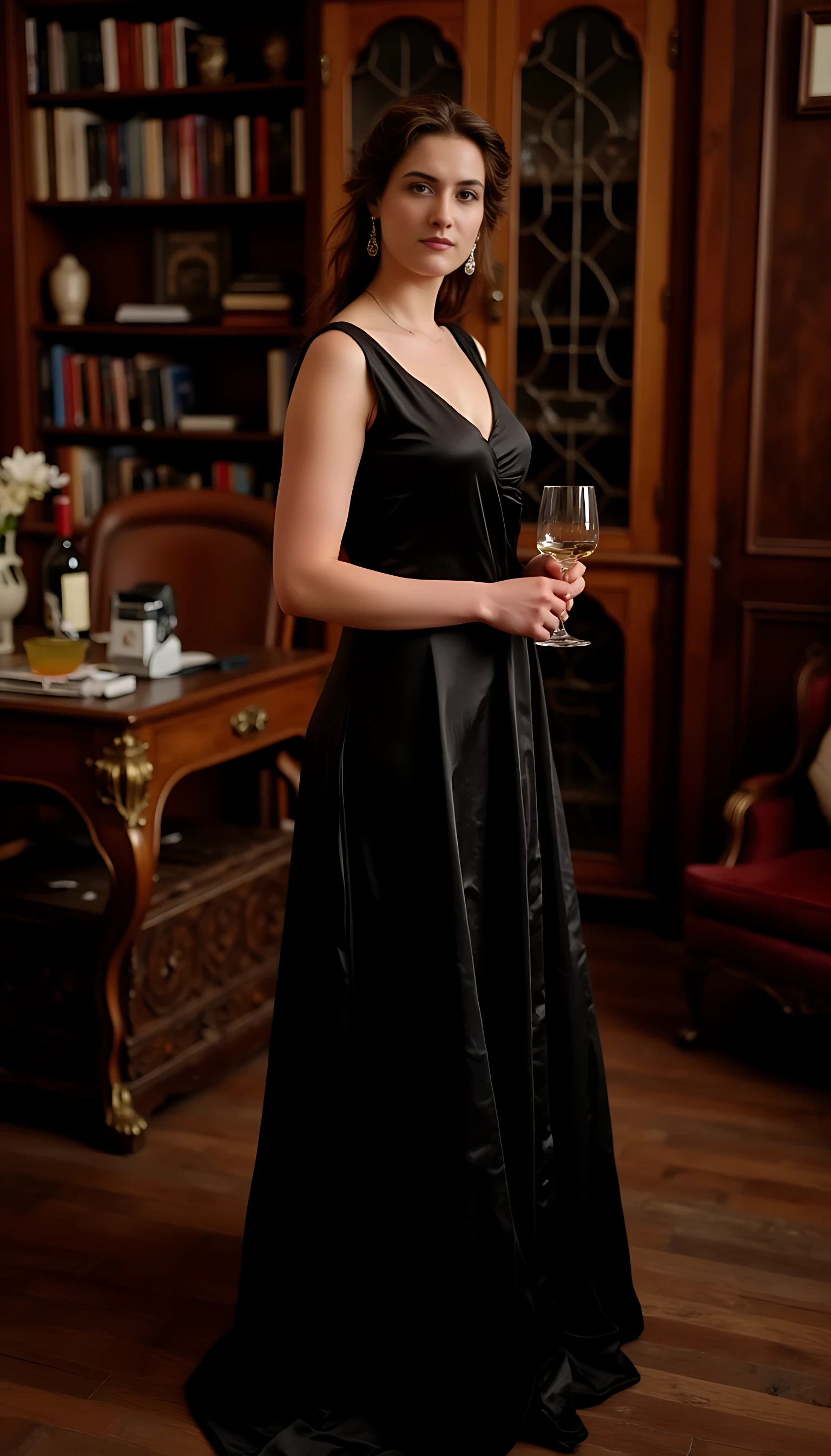 photo of woman CSTMDL, classy portrait. The photo is taken in the summer 2024. It’s a photo taken by night, during a reception in a French manor. The woman has a proud and haughty attitude, with a cold smile showing almost contempt. she wears a designer dress that shows her off. it's a magnificent black dress with a timeless classicism. She is the organizer of the evening, and she deserves admiration for that. She holds a glass of wine in her hand.
She’s in the library of the manor. Books are on beautiful “art nouveau” shelves and pieces of Khmer art are displayed. There’s a few people in the room, like 2 or 3, hosts of the woman. They look pale and jealous of her beauty and of her wonderful evening she organised.