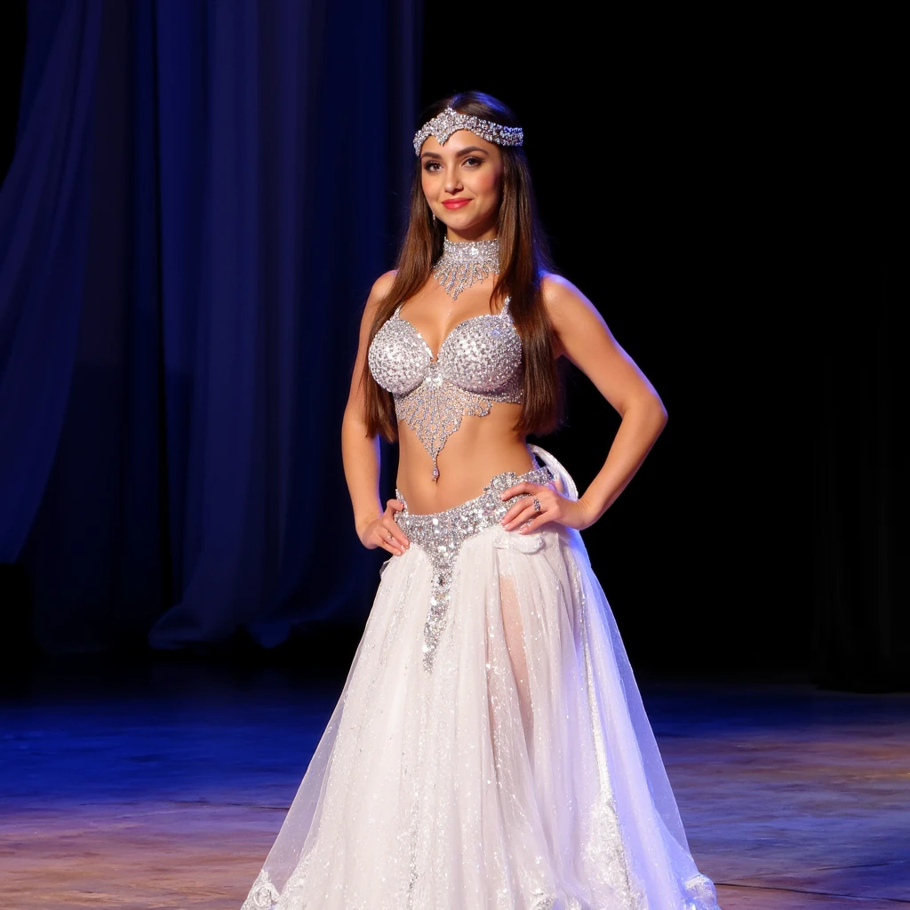 create an ultra-realistic full body image  of a 19 year old Serbian woman. she is tan. She stands at 5'9", embodying the epitome of allure and charm with her sharp Slavic facial features. Her captivating blue eyes and long, brown hair enhance her mesmerizing presence. she is in dressed in a white and silver middle eastern belly dance costume for belly dance performance. her belly dance skirt is long, mesh, and sparkly and her top is covered in diamonds. her boobs are medium sized, round, plump, and pushed up and showing beautifully in her top. she is on a stage performing for many people. Her expression is one of happiness. Focus on extreme realism, especially in her facial details. her hair is almost to her waist in length. her eyes are extremely realistic and she is looking directly in the camera. she is wearing a shimmering head cover for belly dancing. she has a small beautiful waist 