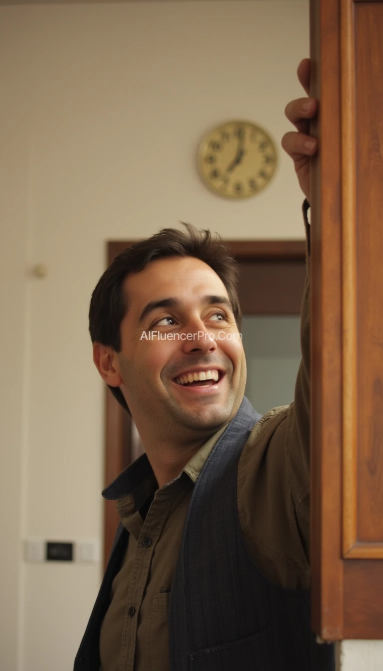  A man with a smile looking behind Wall clock