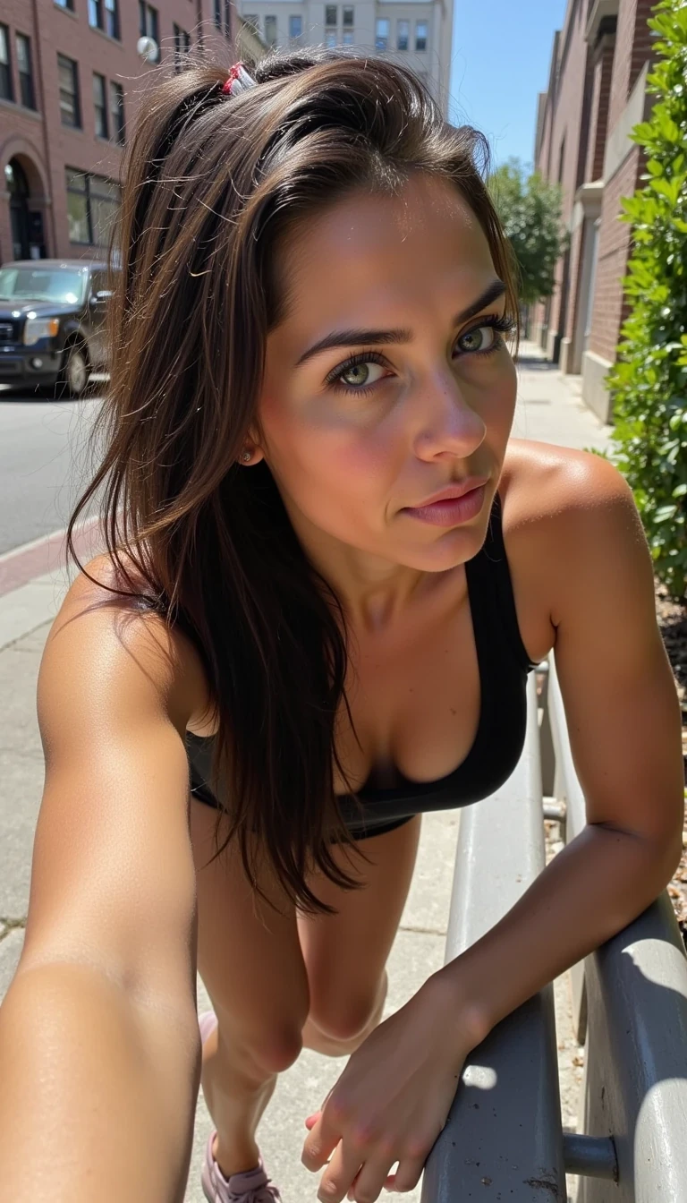 Boring low quality Snapchat photo circa 2013, iPhone 4 candid full-body shot of CSTMDL on a city sidewalk stretching one leg up on a bench. Extra-long sleek brunette hair is tied back in a loose ponytail, with messy strands falling across her forehead. Golden-olive skin looks human and flushed from exertion: visible pores on cheeks, blotchiness across her chest, subtle under-eye shadows, a sheen of sweat on her temple, faint redness around nose, and tiny bumps along her chin. Her almond-shaped green eyes glance downward, brows furrowed slightly in focus. Lighting is natural sunlight with harsh shadows under her chin and legs. Image is grainy and tilted slightly, making it look like a candid snap.