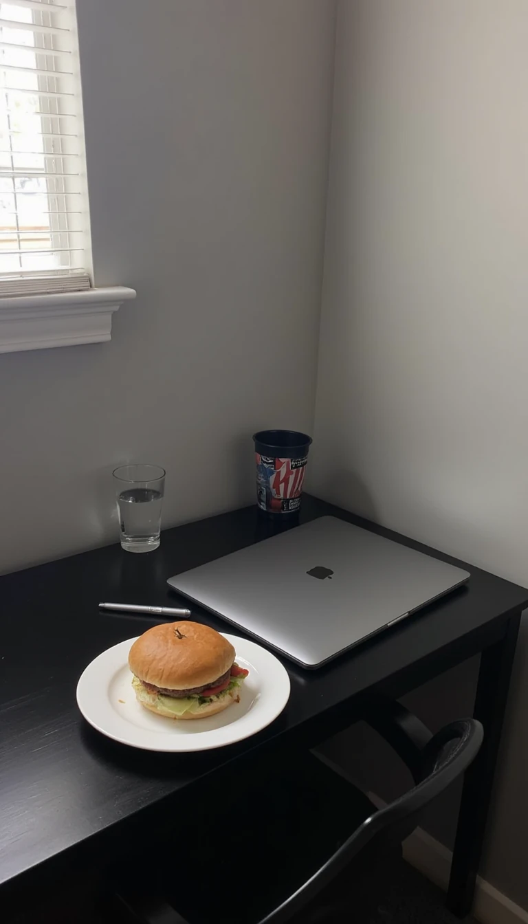 boring low quality snapchat photo circa 2015, this picture is being taken of a black desk in the corner of a room touching the grey walls to the right of the desk and behind the desk. The desk has an all black pen, a macbook air, a burger on a white plate and a glass of water on it. 