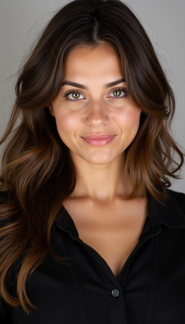 un visage de jeune fille entre 20 et 25 ans, brune yeux vert, de corpulence normal, type française, naturelle