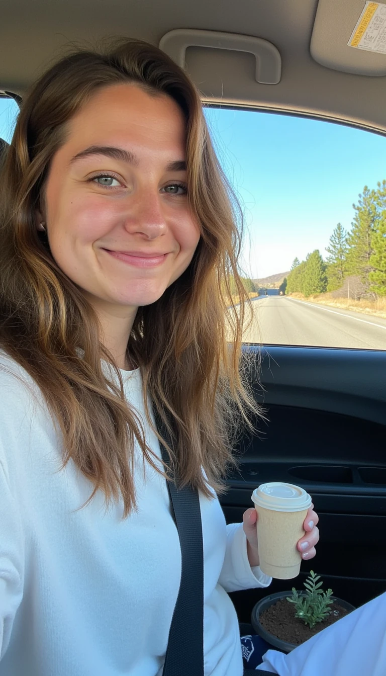boring low quality snapchat photo circa 2015, A young woman with a warm smile, sitting in the driver's seat of a cozy car. She has soft, wavy brown hair cascading past her shoulders. The sunlight streams through the window, casting a gentle glow on her face. The interior of the car is neat and comfortable, with a coffee cup in the cup holder and a small plant on the dashboard. The background outside the window shows a scenic road lined with trees and blue skies