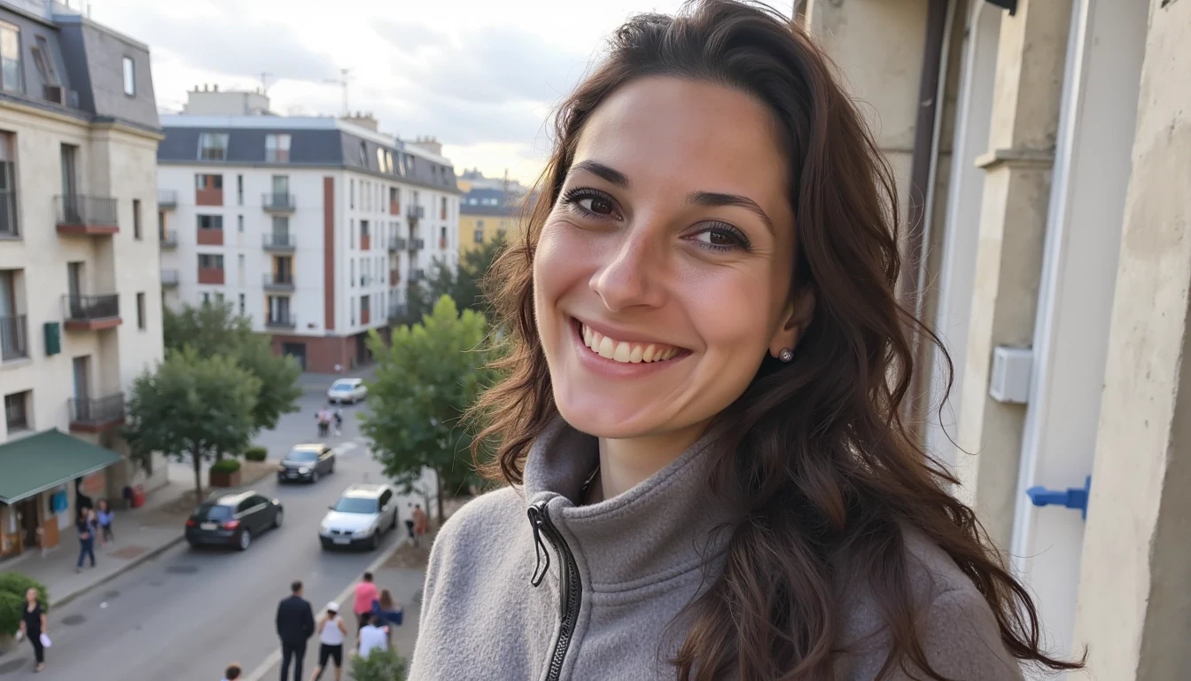 boring low quality snapchat photo circa 2020, A young woman with a warm smile, sitting on the balcony. She has soft, wavy brown hair cascading past her shoulders. The sunlight streams through the window, casting a gentle glow on her face, showing one puffy tit. The background outside is Paris street full of people
