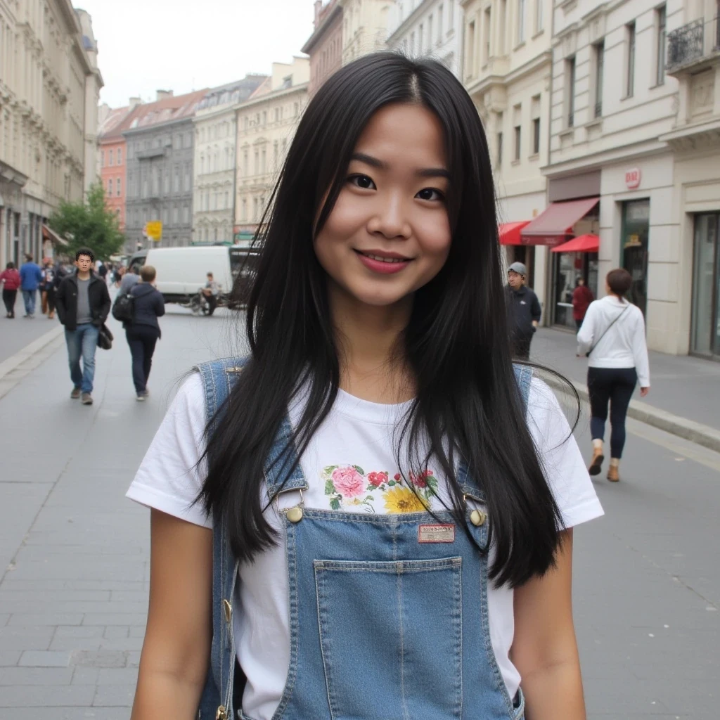 boring low quality snapchat photo circa 2015, asian, cute, thin, petite, black hair, cute outfit, european city background