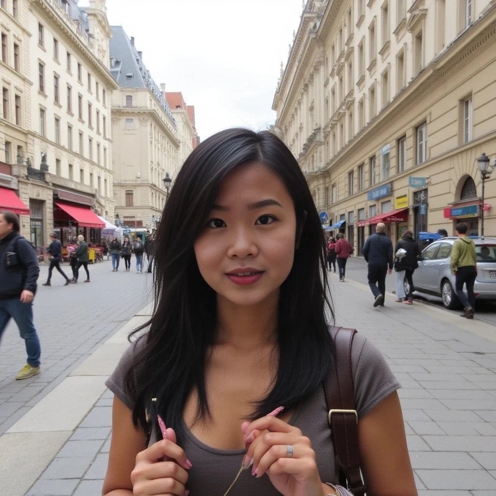 boring low quality snapchat photo circa 2015, asian, cute, thin, petite, black hair, cute outfit, european city background