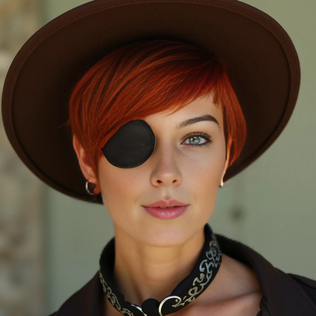 High quality photo very short silky natural red hair pixie style hair. The woman is wearing an eye patch over right eye and a brown Cowboy hat 
