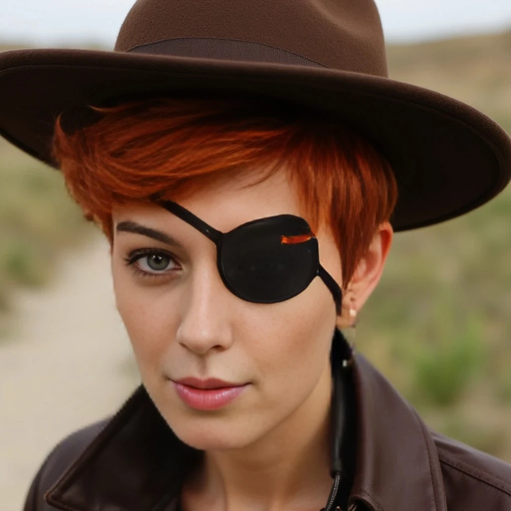 High quality photo very short silky natural red hair pixie style hair. The woman is wearing an eye patch over right eye and a brown Cowboy hat 