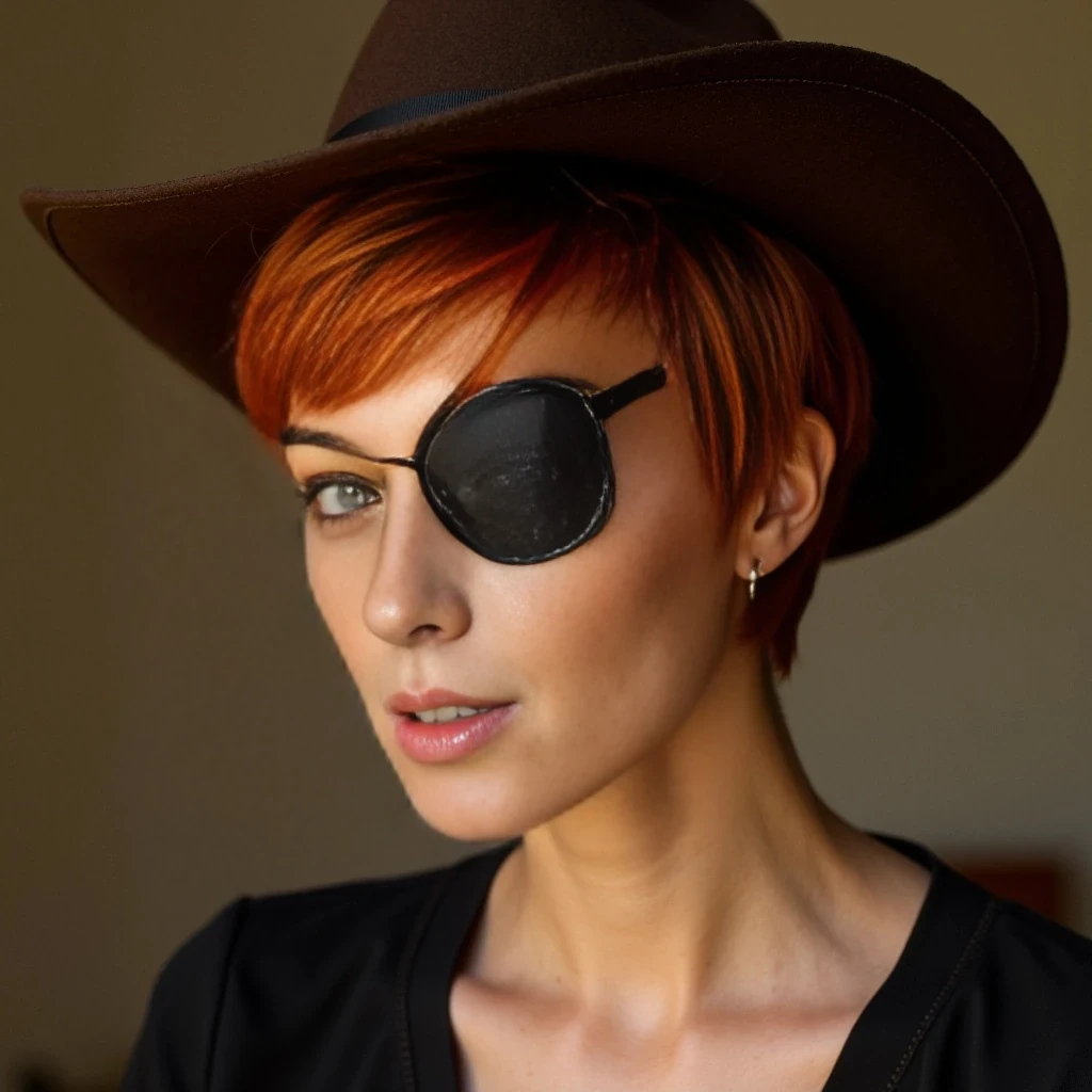 High quality photo very short silky natural red hair pixie style hair. The woman is wearing an eye patch over right eye and a brown Cowboy hat 