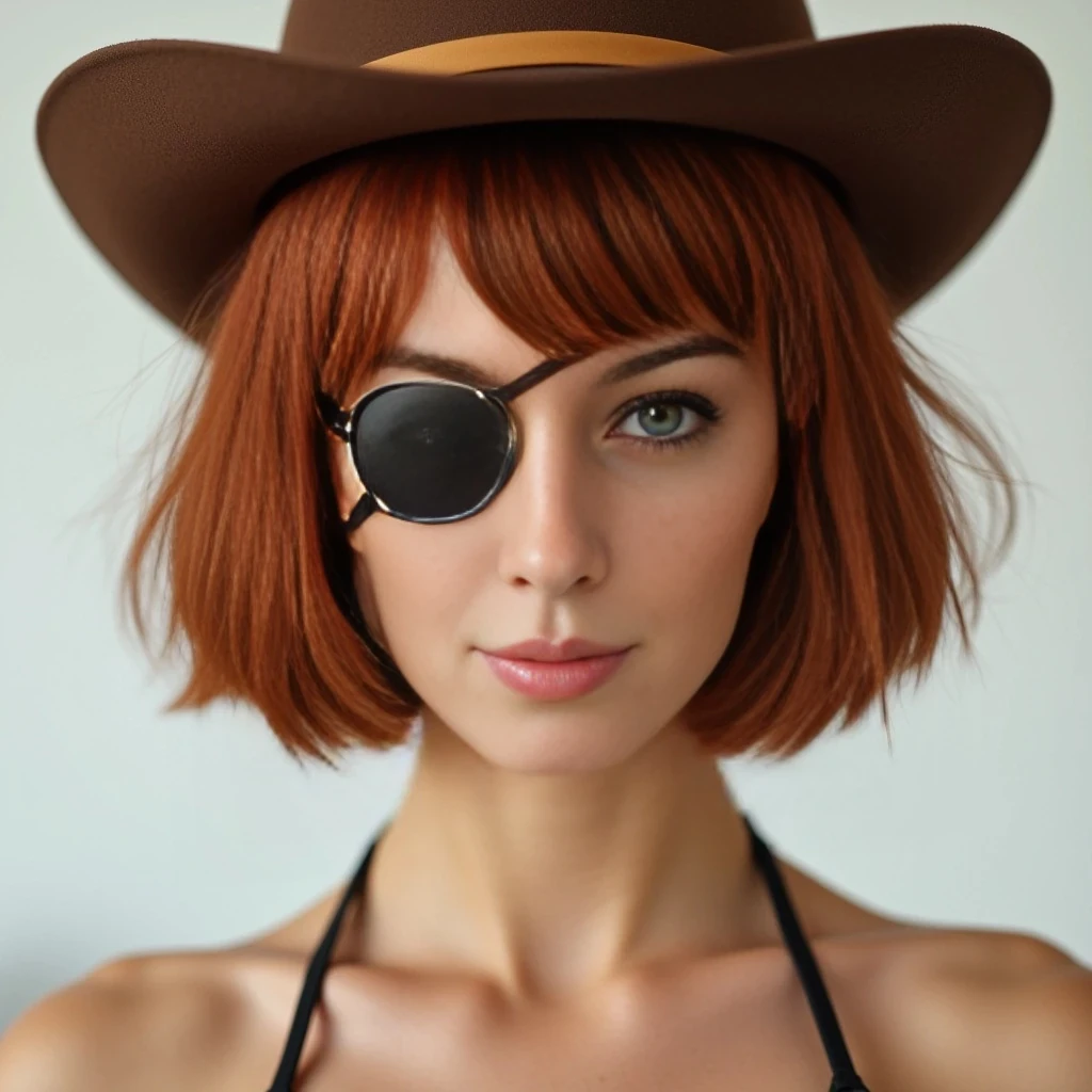 Highly quality photo Short silky natural red hair pixie wearing an eye patch over right eye and a brown Cowboy hat wearing a bikini