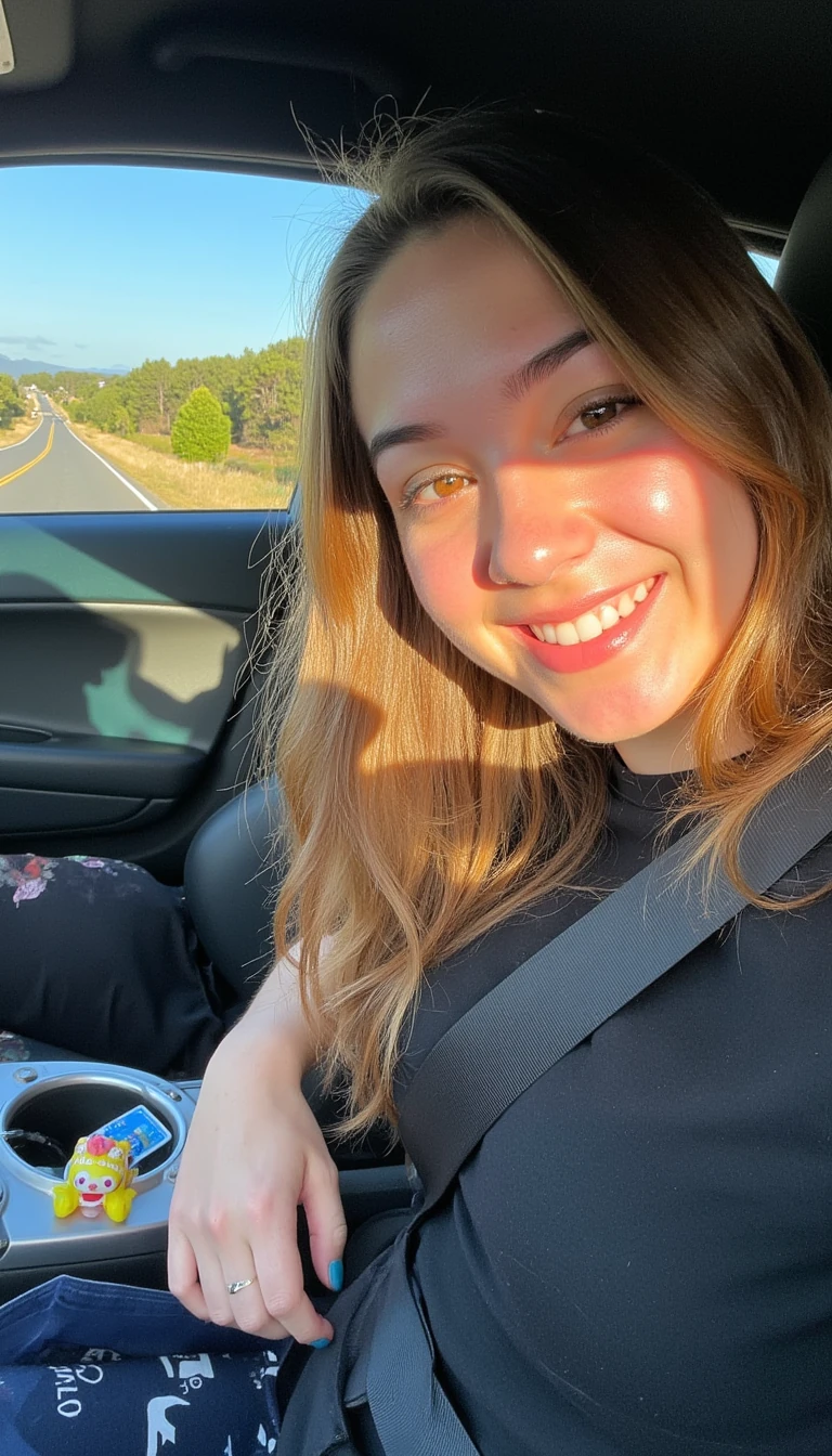 A casual, slightly grainy Snapchat-style photo from around 2024 captures a young woman in the driver’s seat of a sleek sportscar, her warm smile instantly inviting. Soft, wavy light brown hair tumbles gracefully past her shoulders, catching hints of sunlight filtering through the side window. The golden rays bathe her face in a gentle glow, softening the frame and adding a hint of nostalgia to the moment. The car’s interior is tidy yet lived-in, with a coffee cup resting in the cup holder and a playful trinket perched on the dashboard. Beyond the glass, a scenic stretch of open road winds between tree-lined edges, under a bright blue sky that hints at the freedom and possibility of the drive ahead.