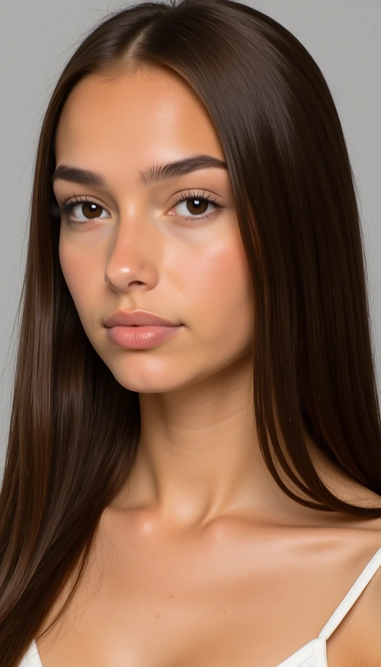 Shot of CSTMDL
Sharp focus on facial features, High dynamic range, 85mm lens look
Big tits.
Body type and measurements:
She is an 18 years old girl. Her hair is long, reaching below the shoulders, with a straight to very slightly wavy texture. It has a healthy, smooth appearance with natural shine and volume. The color is medium to dark brown with subtle warm undertones, and the strands appear moderately thick and uniform in density. The hair is parted slightly off-center or middle in most images, framing the face symmetrically. Eyes are large, almond-shaped, and widely spaced. The irises appear medium to dark brown with a warm, slightly amber tone under natural lighting. Eyelids have a soft natural crease, and the eye area is framed by full, dark lashes and naturally arched brows of medium thickness, which complement the overall symmetry of the face. She has an hourglass figure. Height approximately 64 inches. Bust is full, round, and projected, with an estimated circumference of 36 inches and moderate projection from the chest wall. Underbust estimated at 28 inches, giving a bust-to-waist contrast of about 7 inches. Waist is narrow, strongly cinched, and flat, estimated 24 inches, with a pronounced curve into the hips. Hips are broad and rounded, estimated at 39 inches, with high hip bones and a strong waist-to-hip ratio. Gluteal region is prominent, lifted, and firm, with well-developed curvature extending outward and downward. Thighs are thick and full, estimated at 24 inches at the widest point, with a slight taper toward the knees. Calves are not visible in all photos, but appear balanced with thigh proportions. Abdomen is flat with a bit of fat. Arms are slim with soft definition, estimated upper arm circumference around 9 inches. Shoulders are slightly broad and rounded, creating symmetry with hip width; clavicle line is soft and horizontal. Neck is medium-length and proportionate. Torso is short to medium in vertical length, with the distance from underbust to waist appearing compact. Ribcage is slightly narrow. Legs are long relative to torso, contributing to an elongated lower-body visual impression. Posture appears upright and relaxed, with natural spinal curvature and mild anterior pelvic tilt. Skin surface is smooth and even-toned and lightly tanned.
Scene/Background
The setting is a cozy, softly lit bedroom. A textured white blanket and pillows surround her, with smooth white bedding forming a neutral backdrop. The simplicity of the environment keeps the visual focus on her expression and styling, creating a warm and inviting tone.

Position
She is lying on her back, angled slightly to the side with one hand resting gently on her chest and the other raised near her face. Her gaze is directed into the camera with a relaxed, subtle expression, and her posture feels natural and calm—capturing a quiet, personal moment.

Clothing
She wears a fitted pink tank top layered over a black bra, with thin straps that frame her neckline. A delicate silver necklace adds a soft, feminine accent, complemented by simple rings and a pale pink manicure that enhances the polished look without overpowering it.

Lighting
The image is lit with soft, diffused light—likely from a bedside lamp or nearby window—which highlights her skin evenly and creates a gentle warmth in the frame. Shadows are minimal, giving the photo a balanced, softly glowing atmosphere.

Vibe
The overall mood is serene, polished, and subtly intimate. The casual styling, paired with her calm expression and relaxed posture, gives the image an effortless elegance. It feels candid yet curated, capturing a still, quiet beauty in a familiar and personal setting.