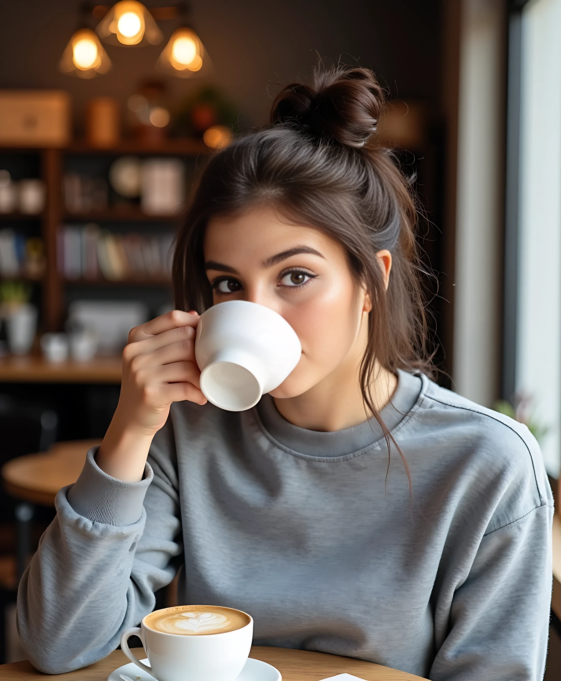 CSTMDL, selfie,side profile, camera facing the girl, in coffee shop, is drinking cappucino, book on the table, cozy background, grey sweatshirt, brunnete, hazel eyes, messy bun