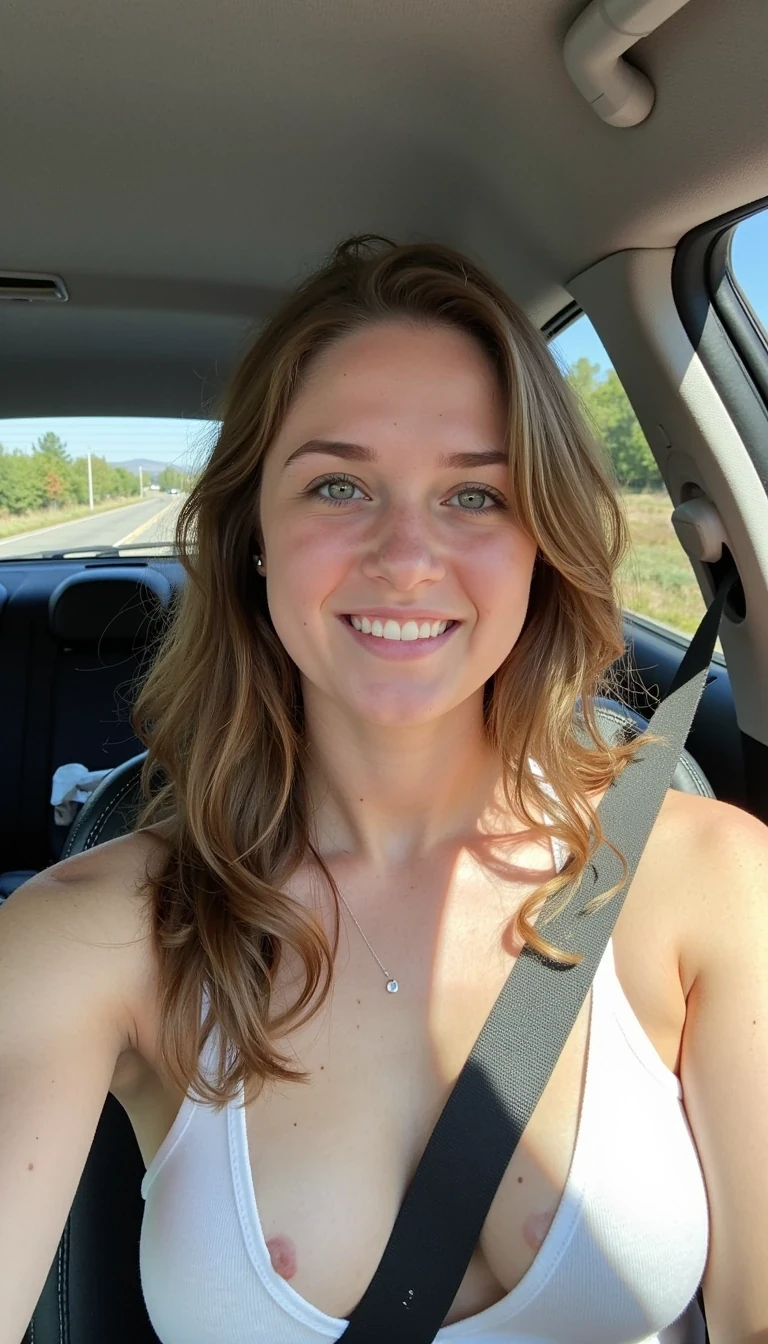 boring low quality snapchat photo circa 2015, A young woman with a warm smile, sitting in the driver's seat of a cozy car. She has soft, wavy brown hair cascading past her shoulders. The sunlight streams through the window, casting a gentle glow on her face. The interior of the car is neat and comfortable, with a coffee cup in the cup holder and a small plant on the dashboard. The background outside the window shows a scenic road lined with trees and blue skies.  The model has c cup breasts.  show cleavage
