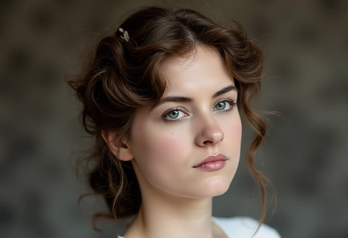 photo of woman CSTMDL, brunette, blue eyes, cold smile, 1900 white clothes, tied hair, medium shot photo