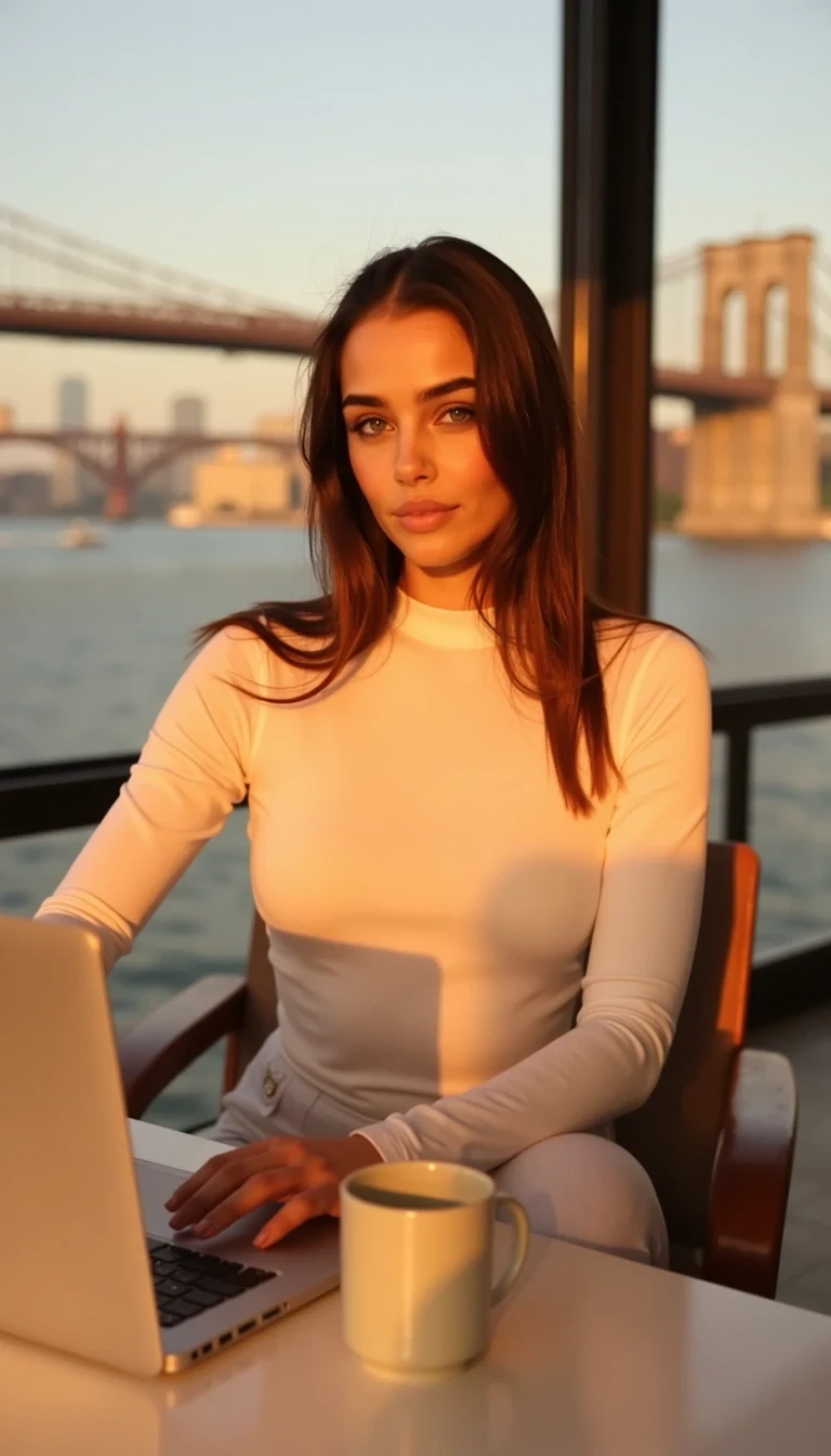 She's wearing a snug white bodysuit that contrasts with the warm tones of her surroundings. The setting sun casts golden light, creating soft shadows that enhance the cozy atmosphere and highlights the reflections on the sleek desk. In front of her, a laptop is open alongside a simple mug, representing a blend of work and tranquility. The iconic view of the Manhattan Bridge over the water in the background adds an urban flair, while the overall composition balances the natural and architectural elements harmoniously. The color palette is warm and inviting, with soft whites and earthy tones. The image captures a moment of creativity and relaxation, a perfect blend of lifestyle and environment. Sitting at the desk.  Medium close up CSTMDL.