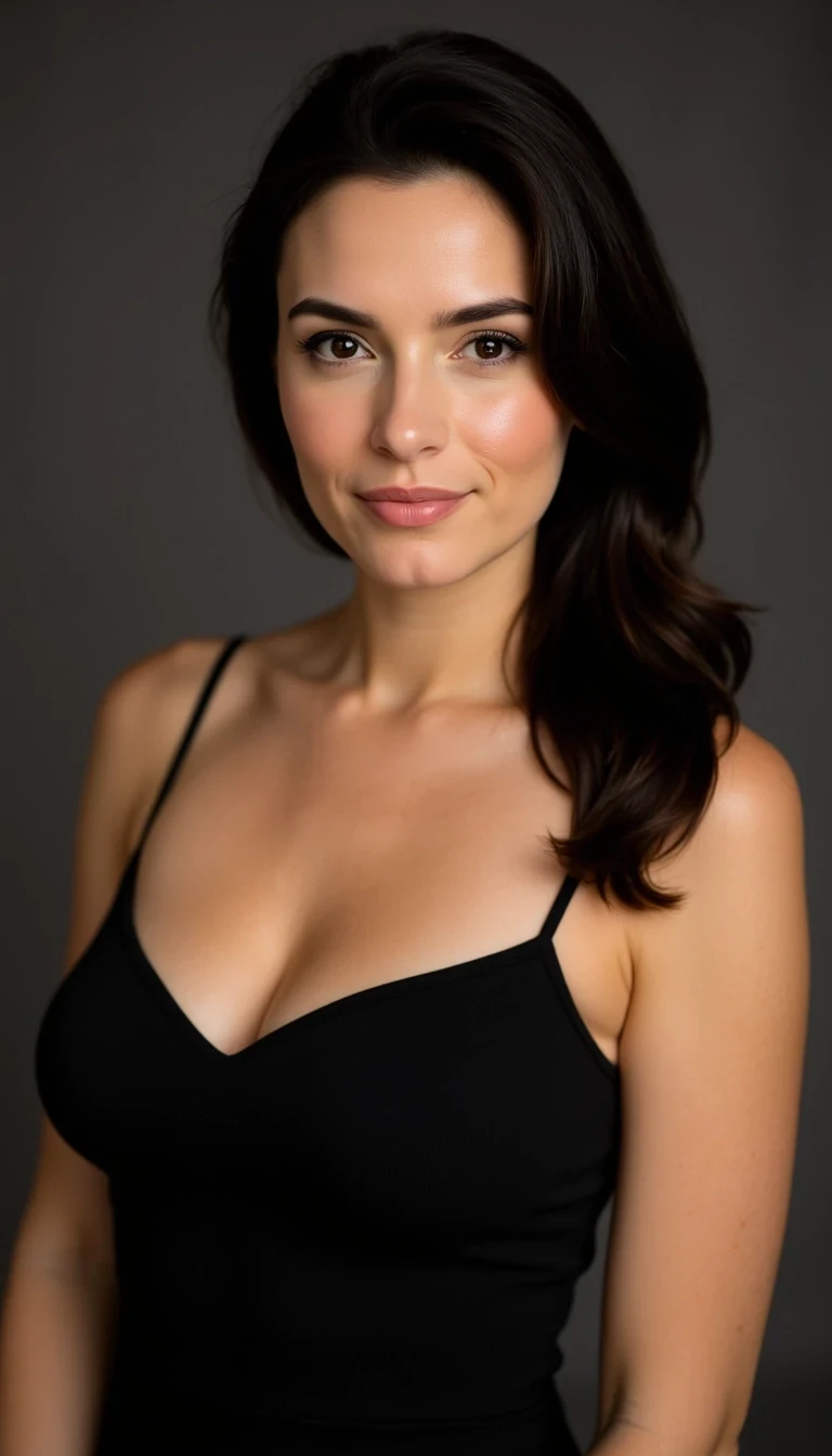 studio head-and-shoulders portrait, elegant brunette with side part, charcoal grey backdrop, soft key light from camera left, confident gaze, Ava Moreau FaceLock ::CSTMDL