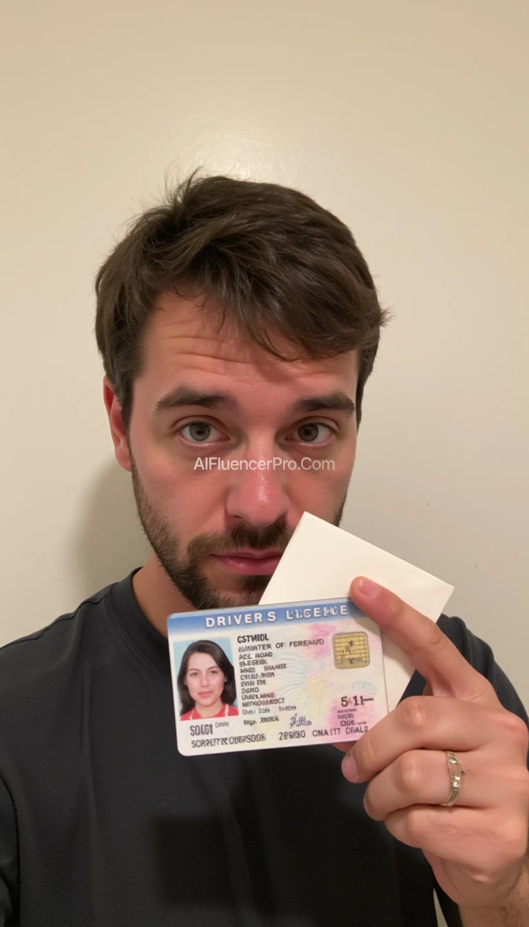 photo of man CSTMDL, holding driver license id and piece of white paper behind it, wall background, natural lighting, boring low quality snapchat photo circa 2015, selfie,