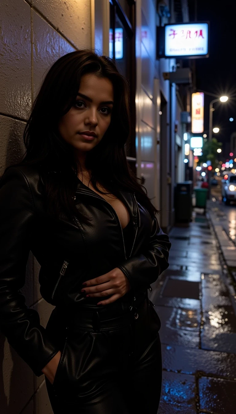 photo of an woman CSTMDL, curvy silhouette, dark wavy hair, wearing a black leather jacket and high-waisted pants, leaning against a dimly alley wall, wet pavement reflecting neon signs, moody night-time atmosphere with soft rain drizzle and distant city lights glowing in the background, edgy and cinematic urban vibe