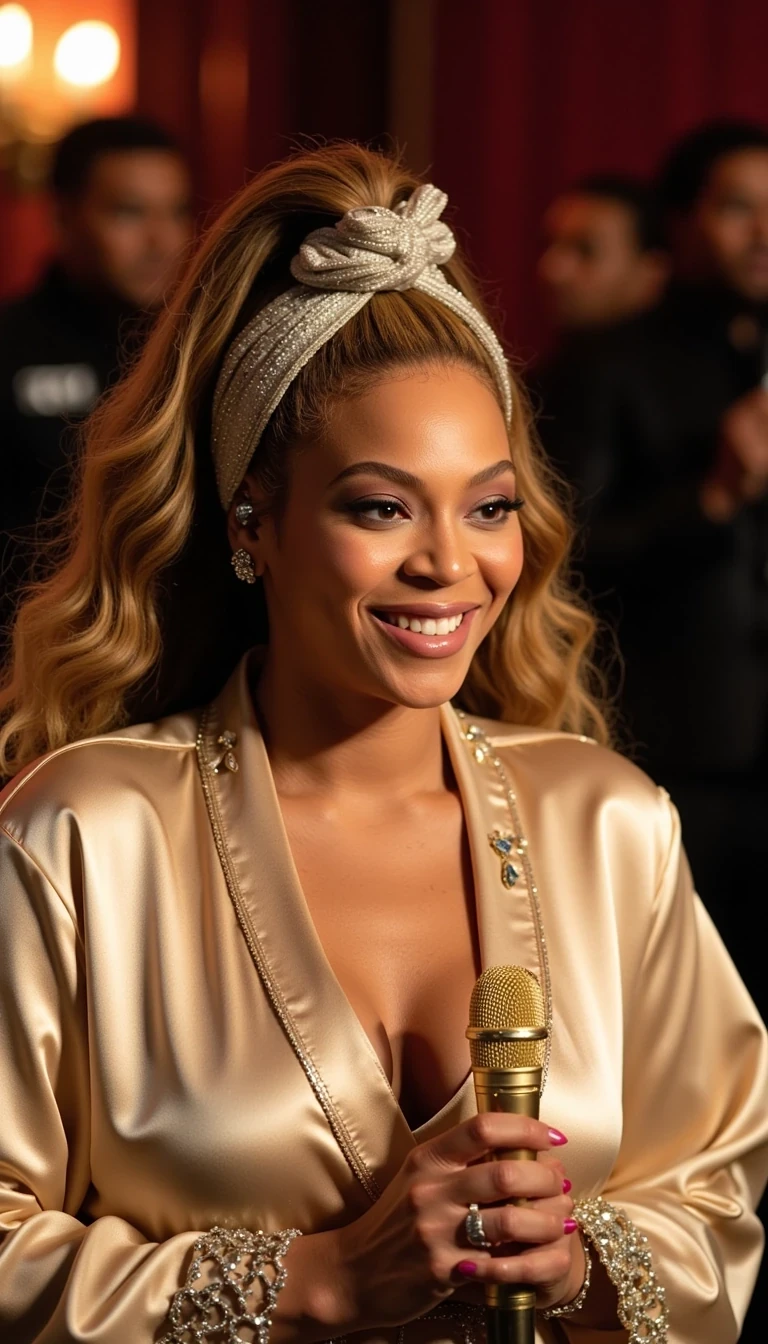 iphone portrait of CSTMDL, ultra-detailed candid shot of older Beyoncé in 2055 during private rehearsal, casual but luxurious silk robe in soft champagne color, hair wrapped in silver silk scarf, minimal makeup showing graceful laugh lines and timeless beauty, holding a vintage microphone while smiling warmly, warm ambient lighting, stage crew blurred in background, Sony A7R V, 85mm f/1.4 lens, cinematic depth of field, photorealistic