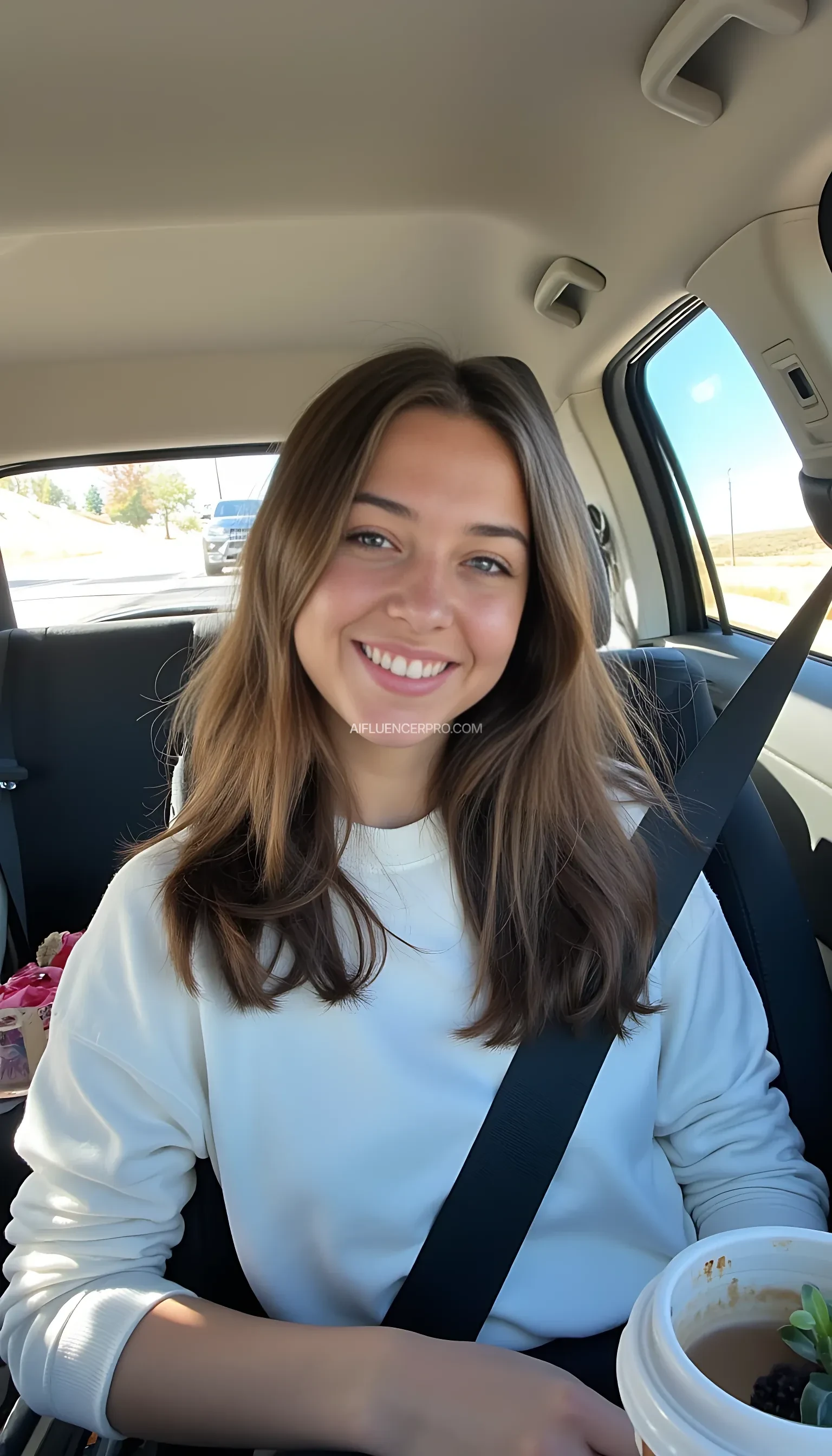 boring low quality snapchat photo circa 2015, A young woman with a warm smile, sitting in the driver's seat of a cozy car. She has soft, wavy brown hair cascading past her shoulders. The sunlight streams through the window, casting a gentle glow on her face. The interior of the car is neat and comfortable, with a coffee cup in the cup holder and a small plant on the dashboard. The background outside the window shows a scenic road lined with trees and blue skies