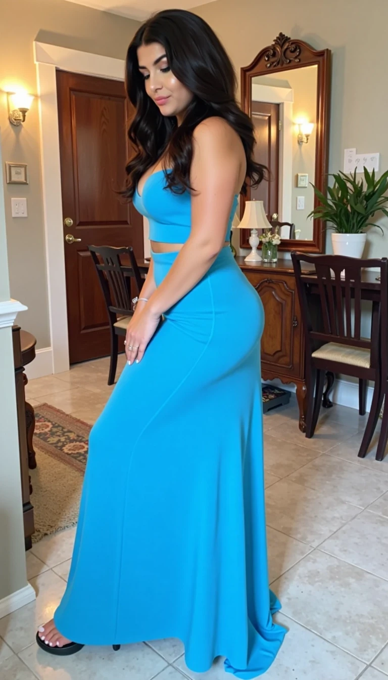 Photo of woman CSTMDL,m, she should have a body like ava addams,she should have long waist length straight hair, she should have curly wavy hair, she should have massive bimbo boobs:5.0, she should have huge boobs, she should have really wide hips,she should be wearing a low cut bright blue strapless flowey sundress