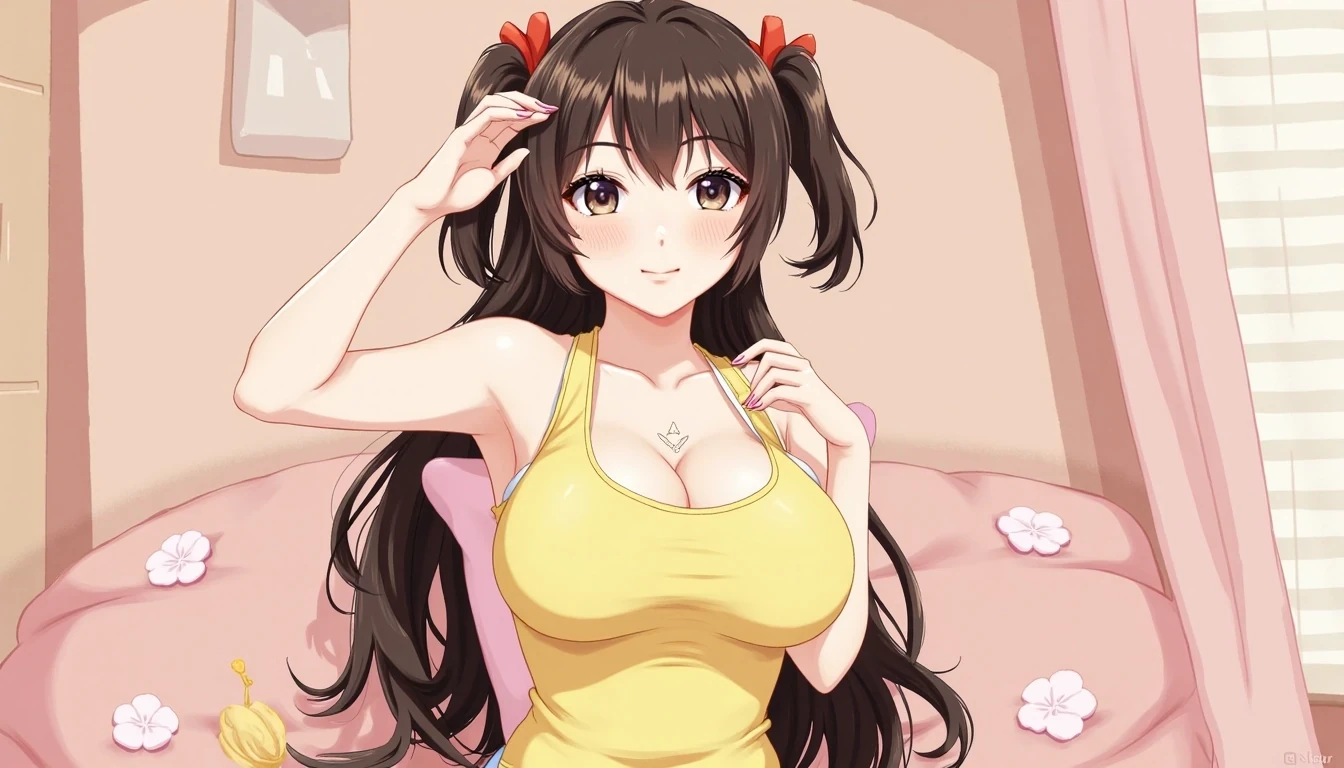 CSTMDL,the photo should be anime,she should be an anime girl, anime girl,hentai,body like ava addams,huge boobs,yellow tank top